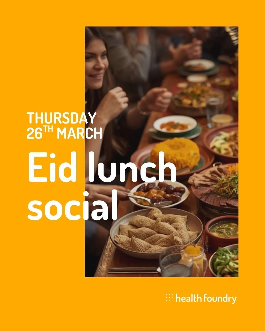 A chance to come together and celebrate next week 🌙

Members event.

Join us at Health Foundry for an Eid lunch! Good food, great company and a moment to connect with the community.

Book here: https://www.healthfoundry.org/events/eidlunchsocial

#H