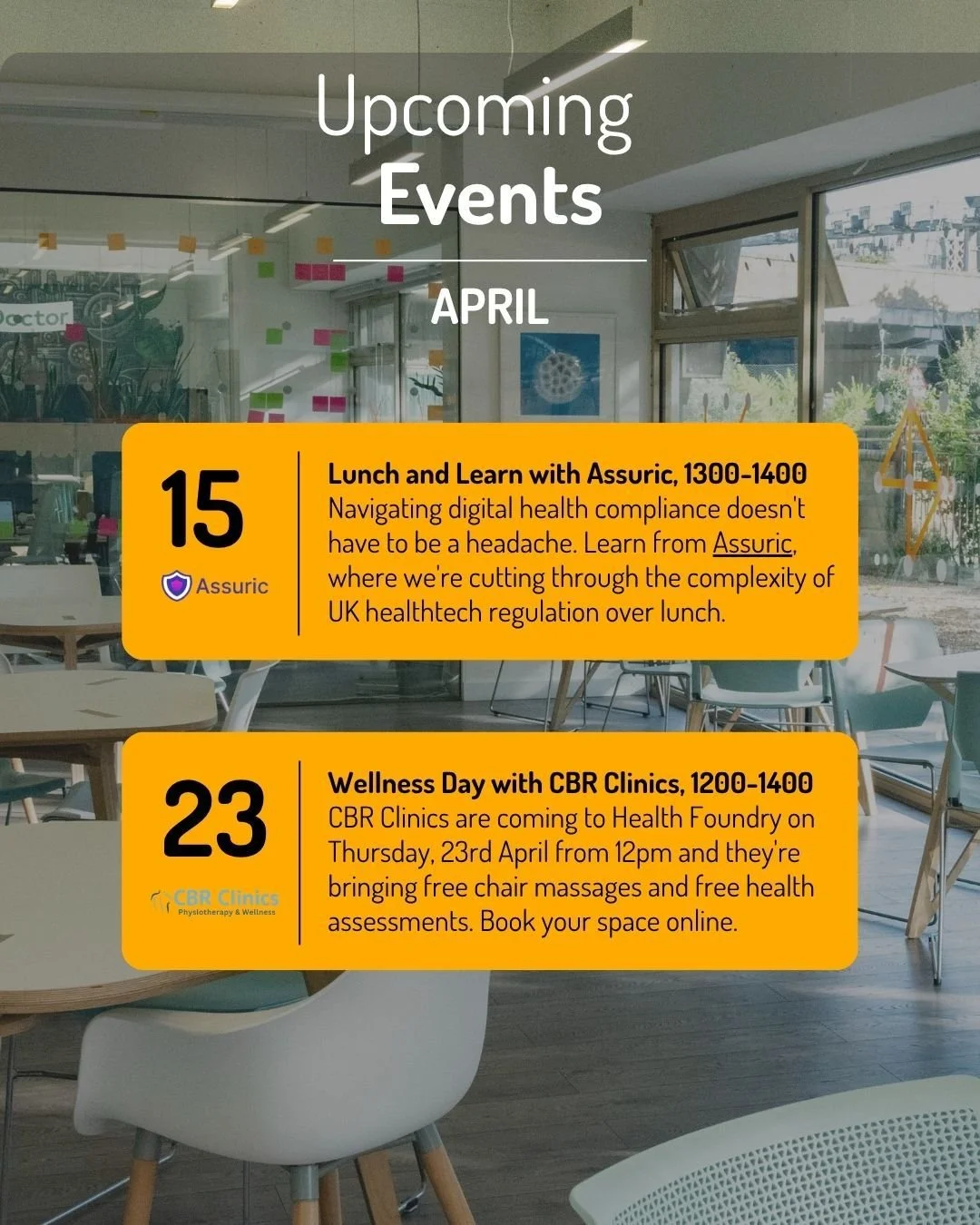 April at Health Foundry is looking good.

We've got two events coming up, and you're invited to both.

🧠 Lunch &amp; Learn with Assuric , 15 April, 1&ndash;2pm
Free lunch and practical clarity on UK healthtech regulation. DSPT, GDPR, MHRA, Cyber Ess