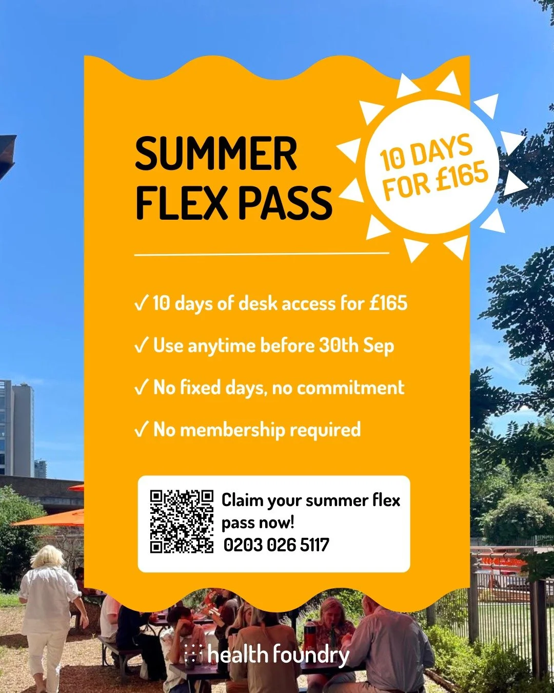 We'd love to have you this summer &mdash; ten days at Health Foundry before 30 September for just &pound;165 + VAT.
Work alongside health founders, NHS teams and charity leaders building things that matter.

Minutes from Waterloo, Southbank, Lower Ma