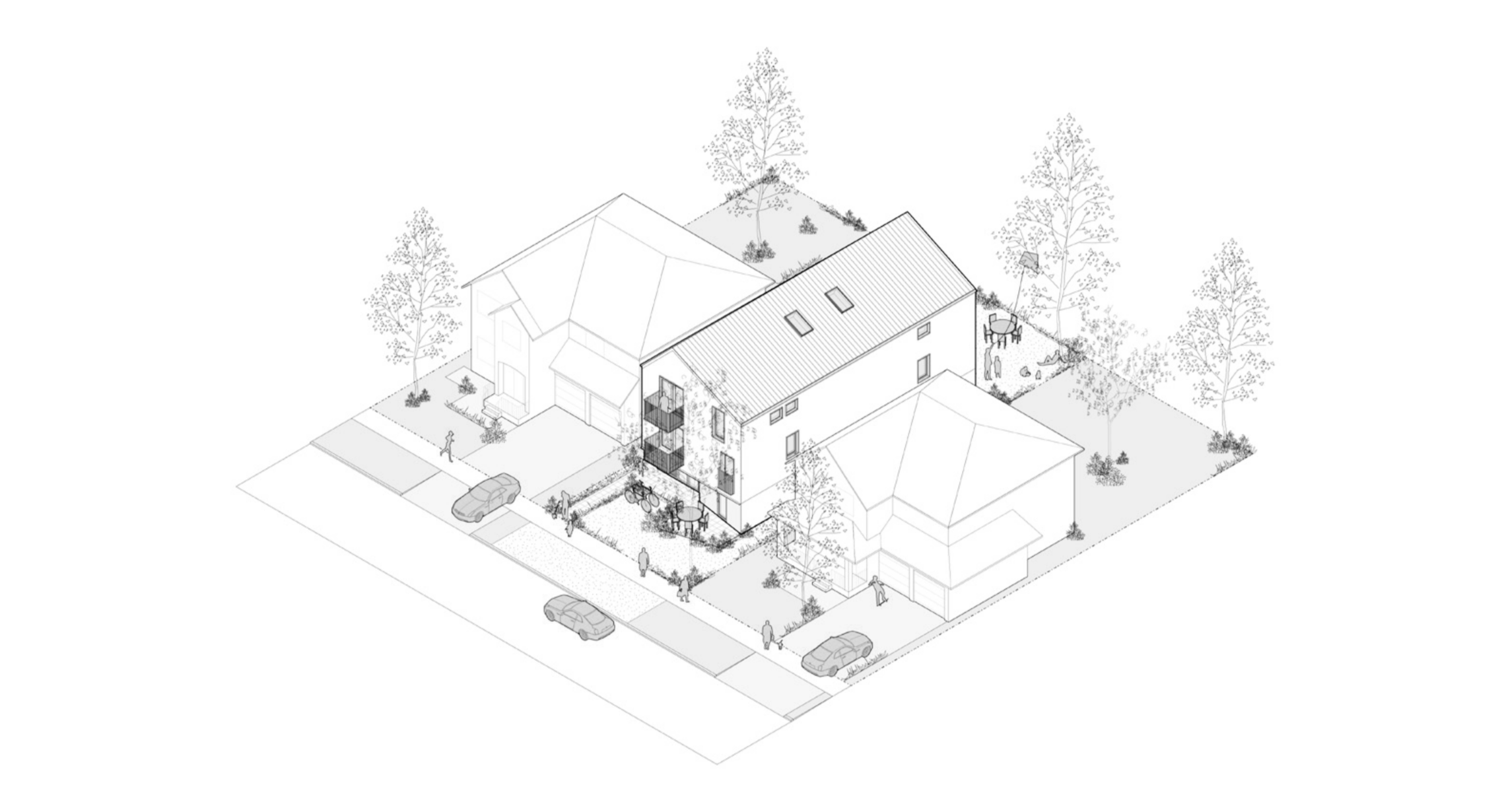 A detailed black and white isometric drawing of a residential neighborhood with houses, trees, parked cars, and people walking.