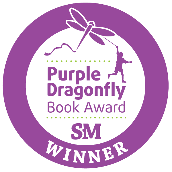 Purple Dragonfly Book Award Winner badge with purple background, featuring a white circle with a dragonfly and a person hanging from a kite, text reads "Purple Dragonfly Book Award SM WINNER".
