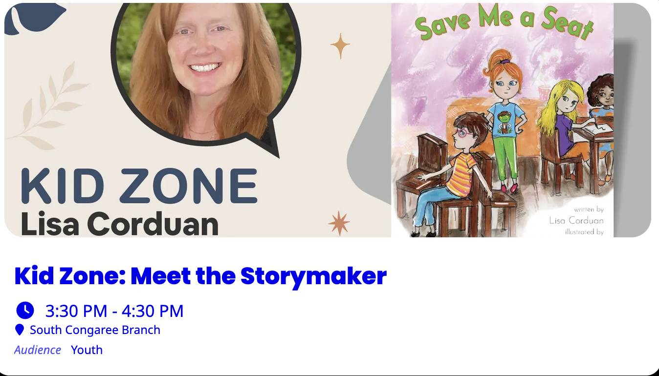 Banner for Kid Zone event with a photo of Lisa Corduan, logo, and an illustration of children in a classroom with a sign saying "Save Me a Seat".
