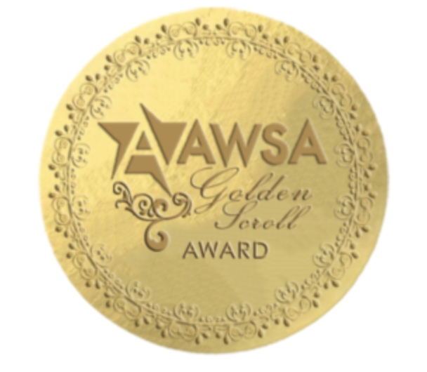 A round, gold-colored award badge with intricate border designs, featuring the text 'AWSA Golden Scroll Award' in the center.