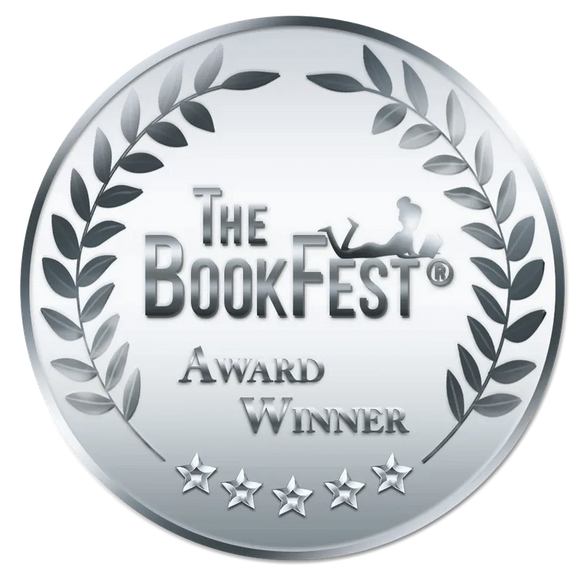 Silver award badge for The BookFest with a laurel wreath border, a person reading in a hammock, and five stars at the bottom.