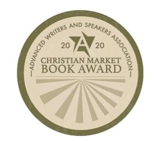 Circular badge with a green border, beige background, and radiating lines. Text reads '2020 Christian Market Book Award' and around the top edge, 'Advanced Writers and Speakers Association'.