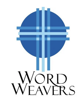Logo with a blue circle and crosshatch design above the words 'Word Weavers'.