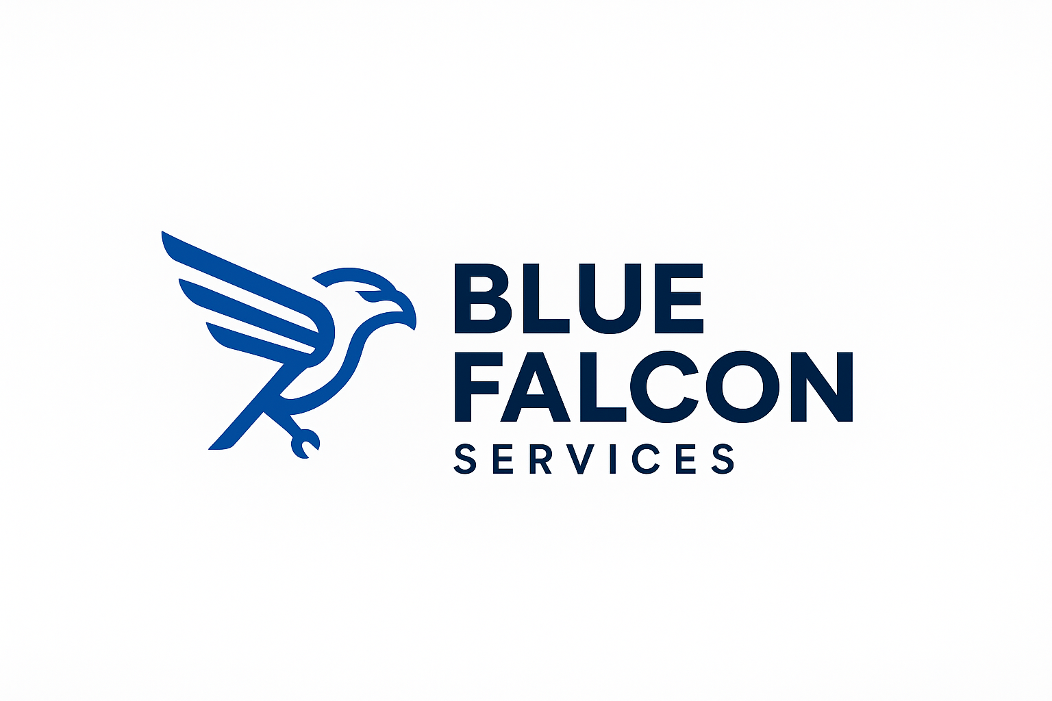 Logo for Blue Falcon Services featuring a stylized blue falcon and the company name in blue text.