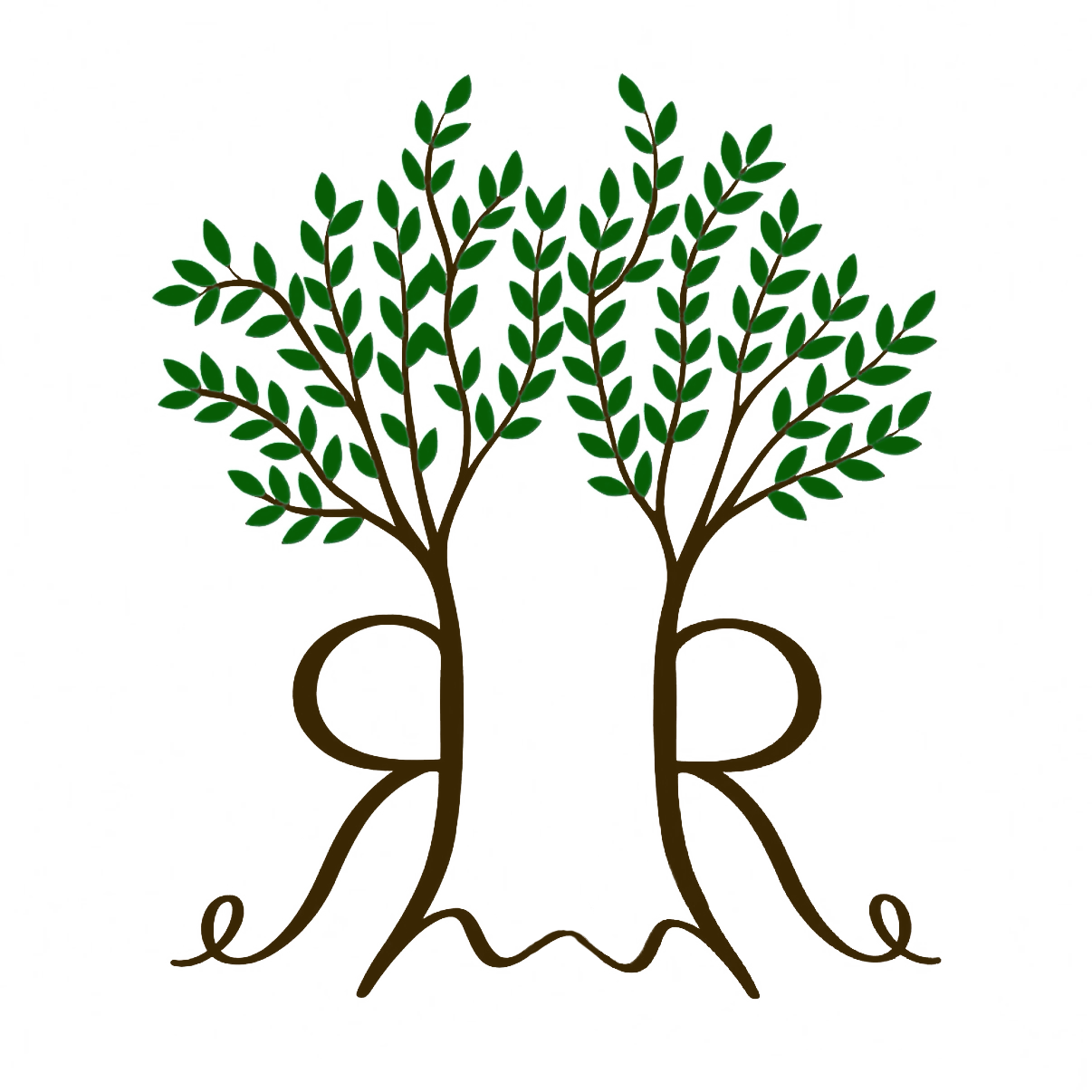 Artistic illustration of two trees with green leaves intertwined to form the shape of a butterfly.