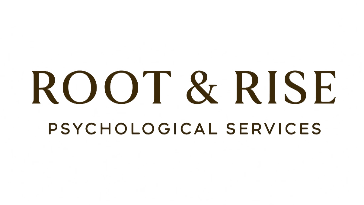 Logo for Root & Rise Psychological Services with brown and gray text on a black background