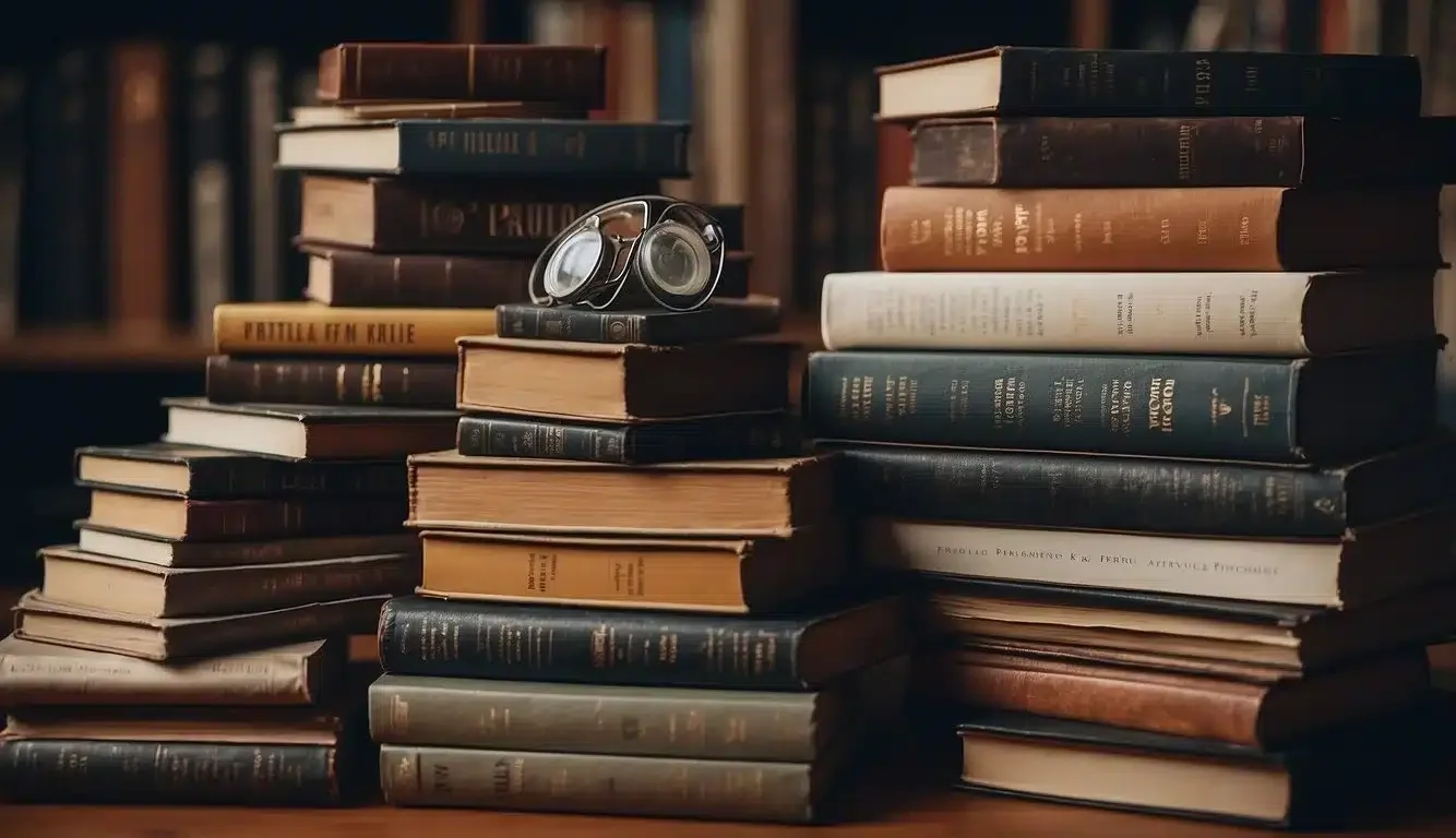 Stack of old books with a pair of glasses resting on top.