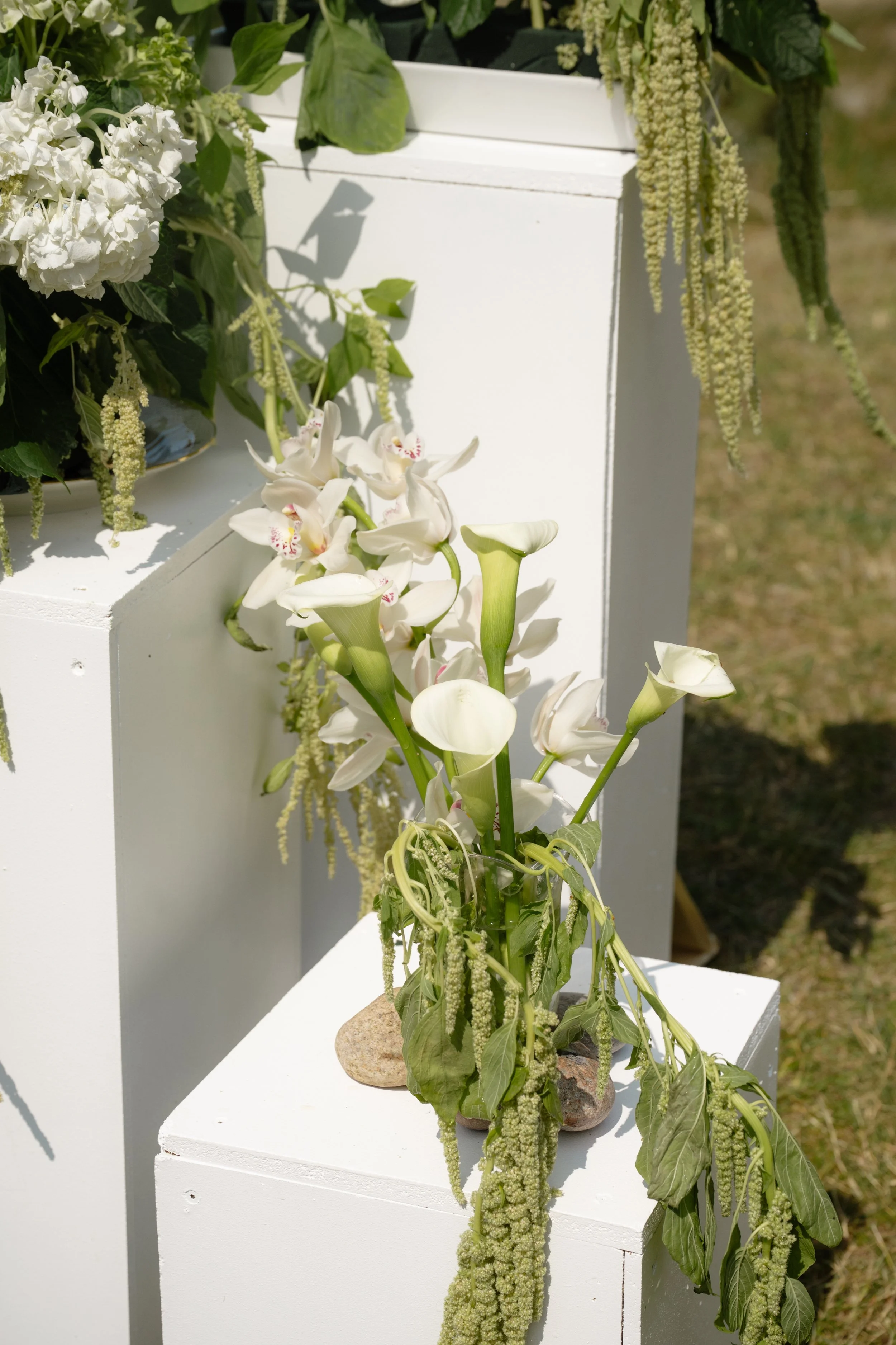 Arrangement of white flowers, including calla lilies and orchids, displayed on white pedestals outdoors.