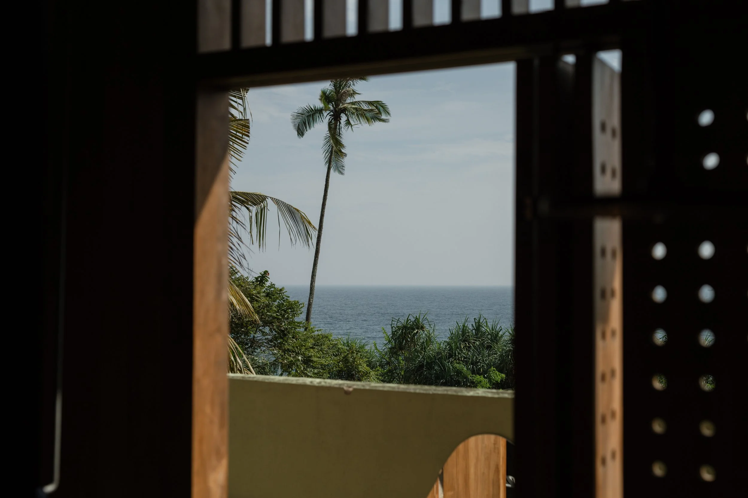 View of the ocean and palm trees through a window with wooden framing.
