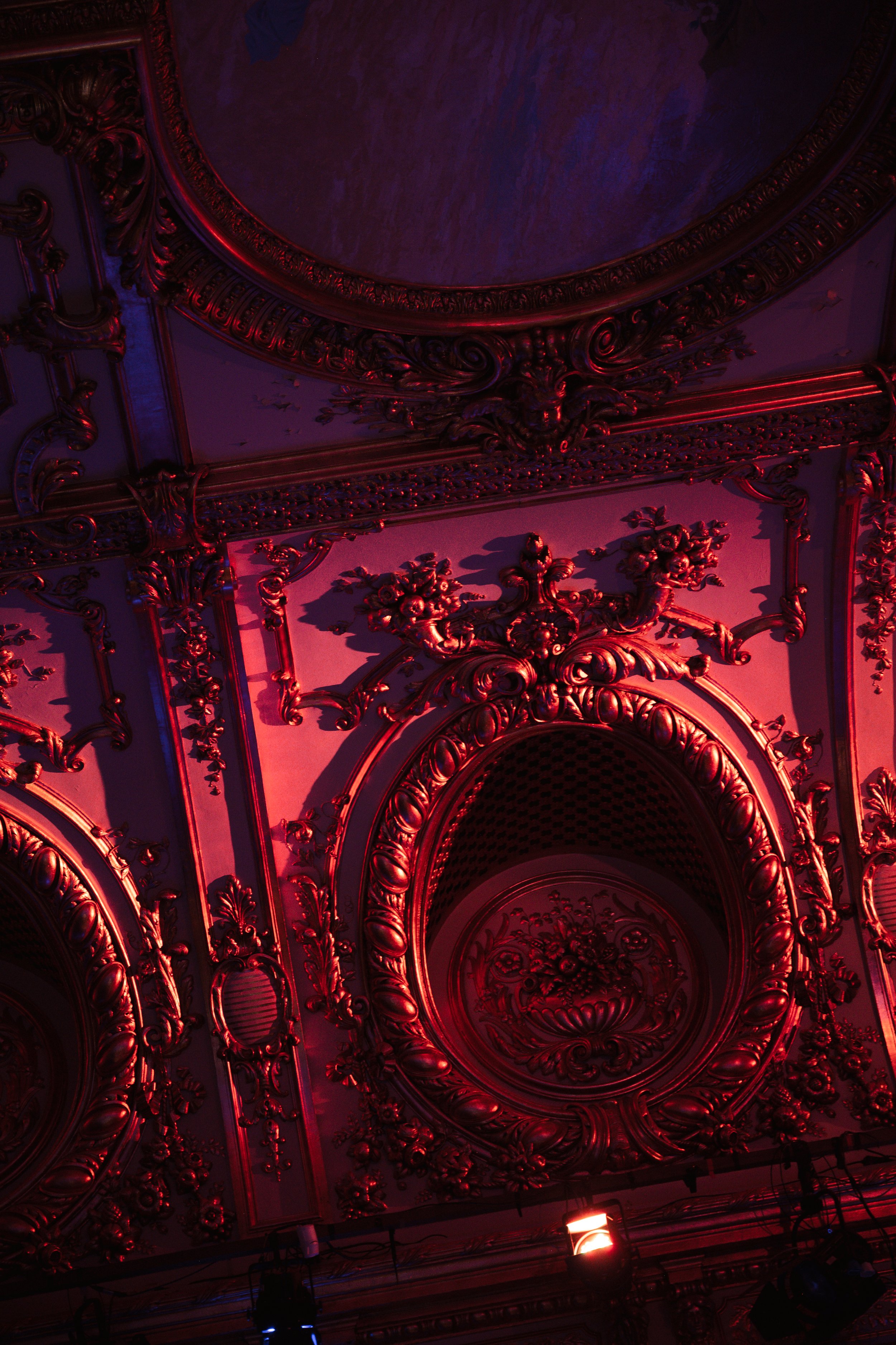 Elaborate ornate ceiling with gold detailing, floral motifs, and oval-shaped decorative elements illuminated by pink and purple lighting.