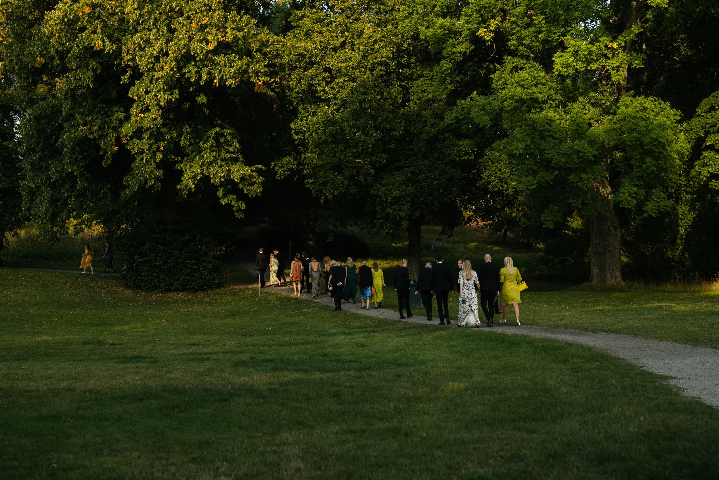 A group of people in formal attire walking along a narrow path in a park with large green trees under sunlight.