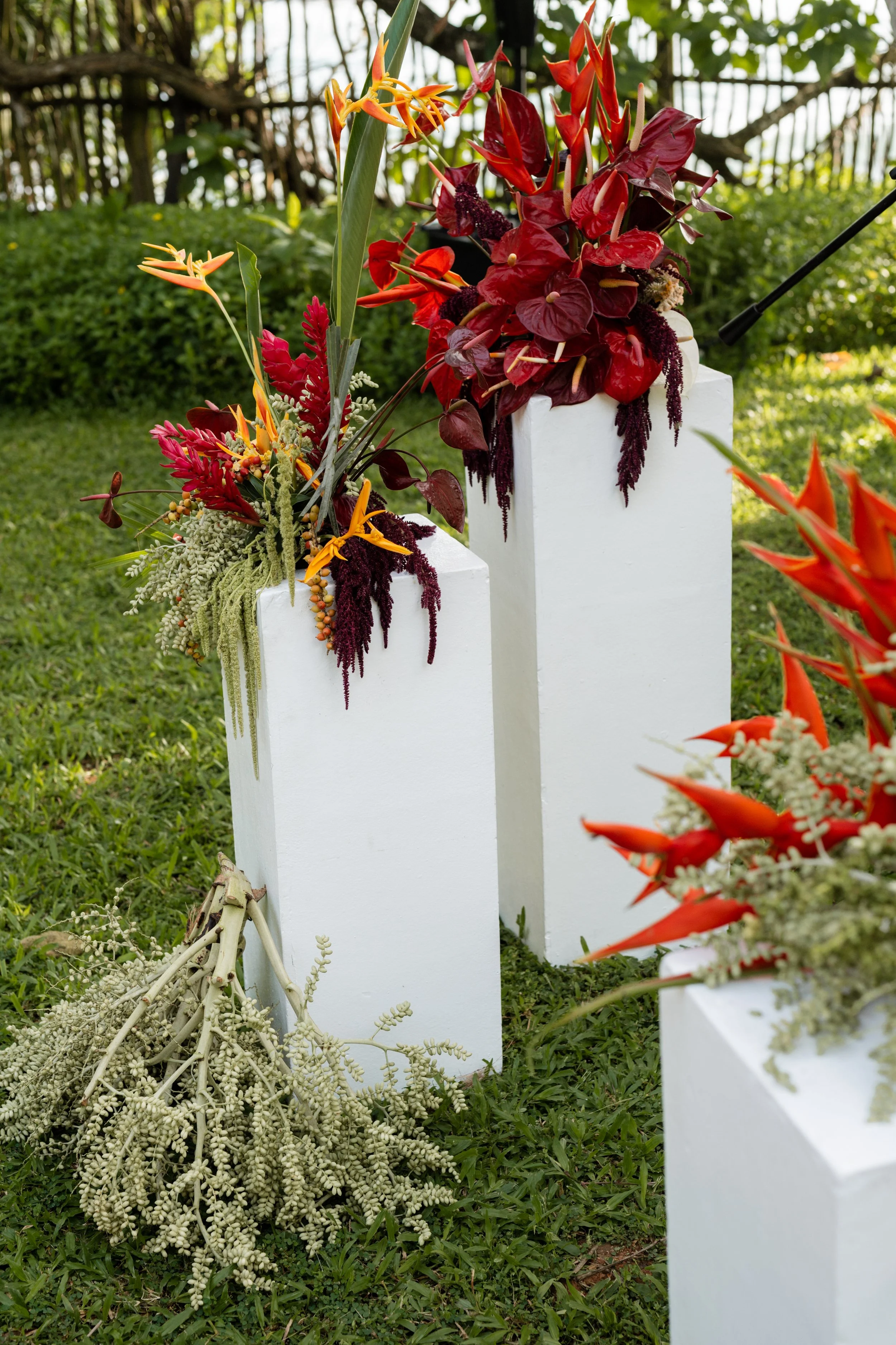 Colorful flower arrangements with tropical flowers in white rectangular stands outdoors on grass.
