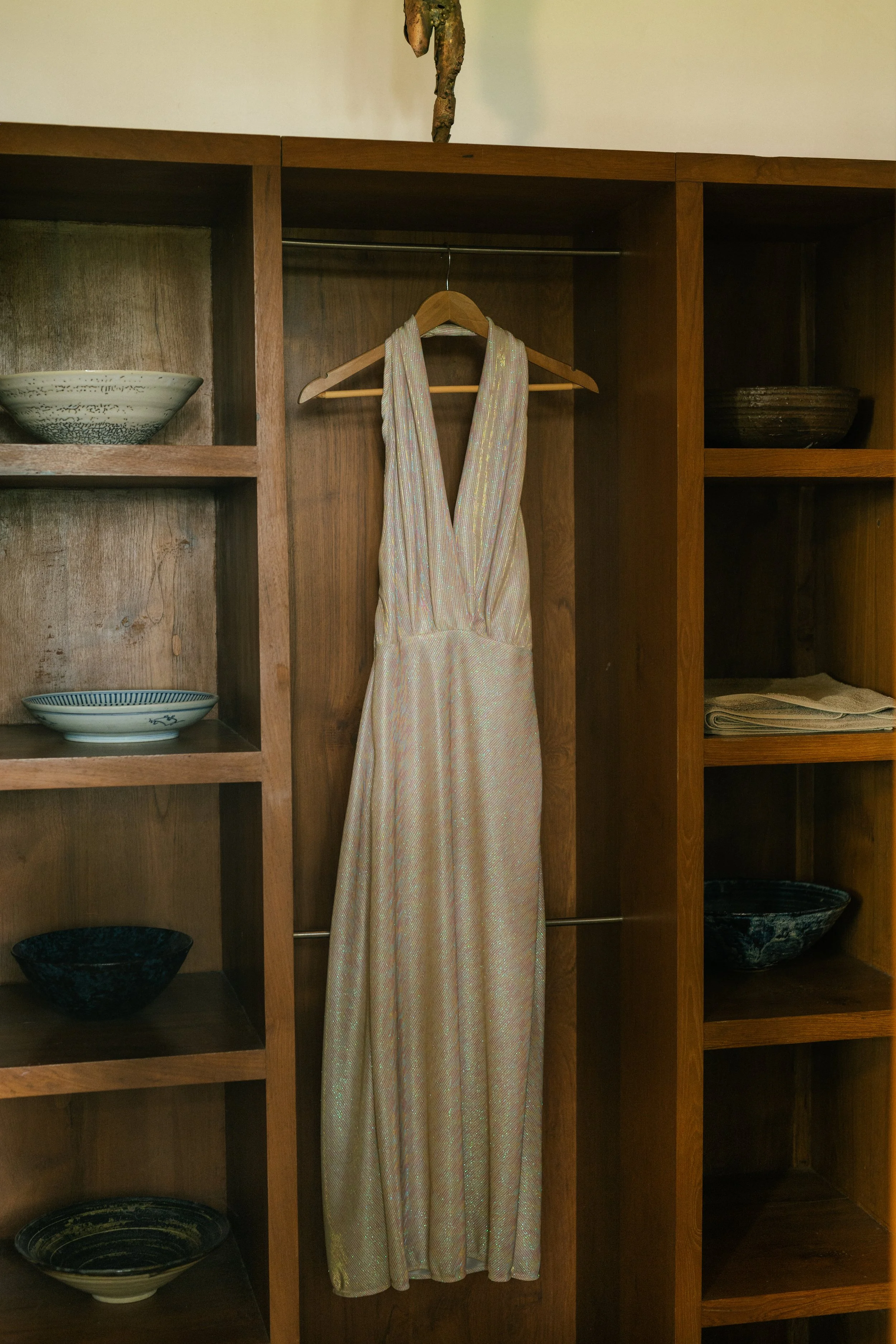 A sparkly, sleeveless, pinkish-beige gown hanging on a wooden hanger inside a wooden wardrobe.