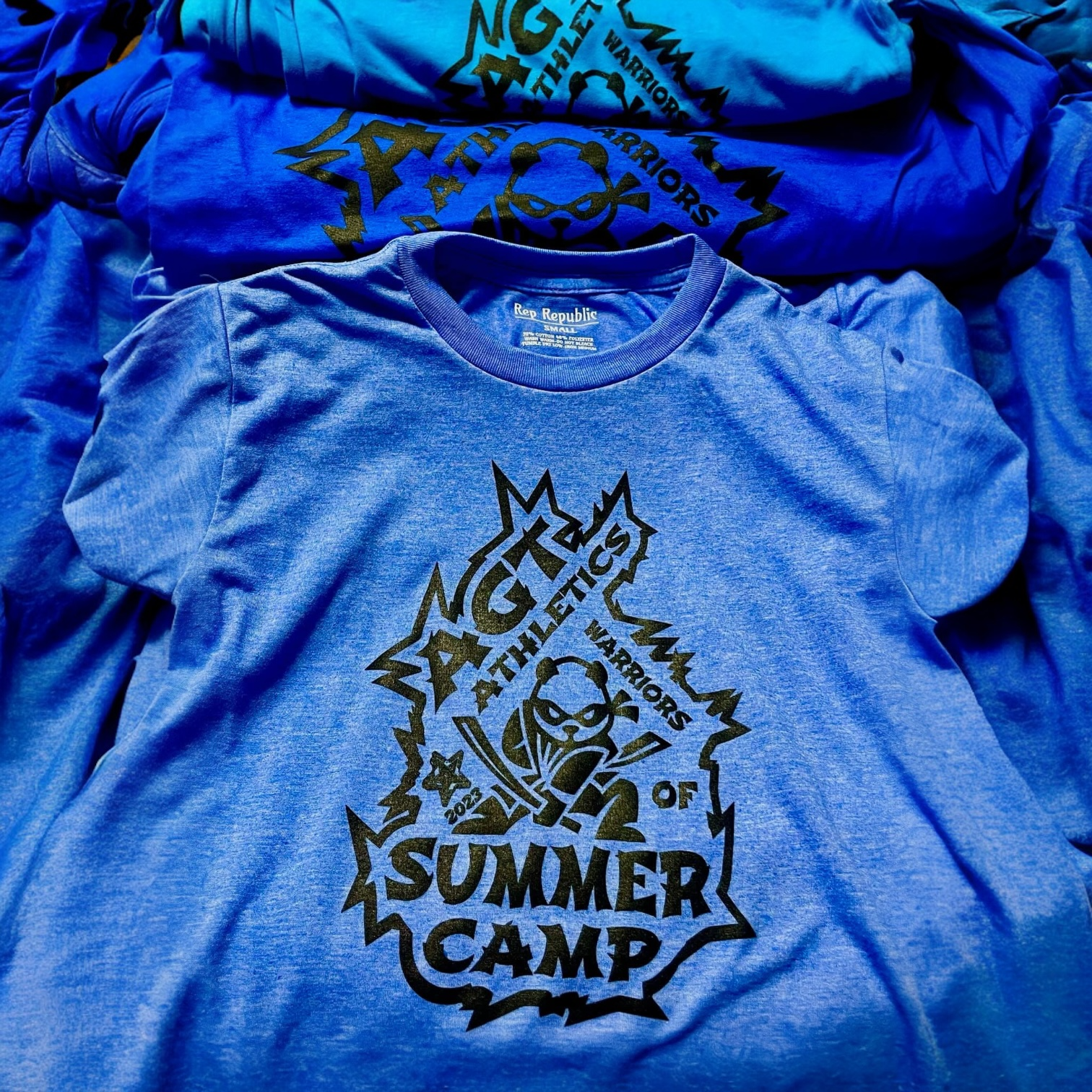 Blue T-shirt with a graphic design for a summer camp, featuring a stylized animal face and words 'Athletics Warriors of Summer Camp' printed in black.