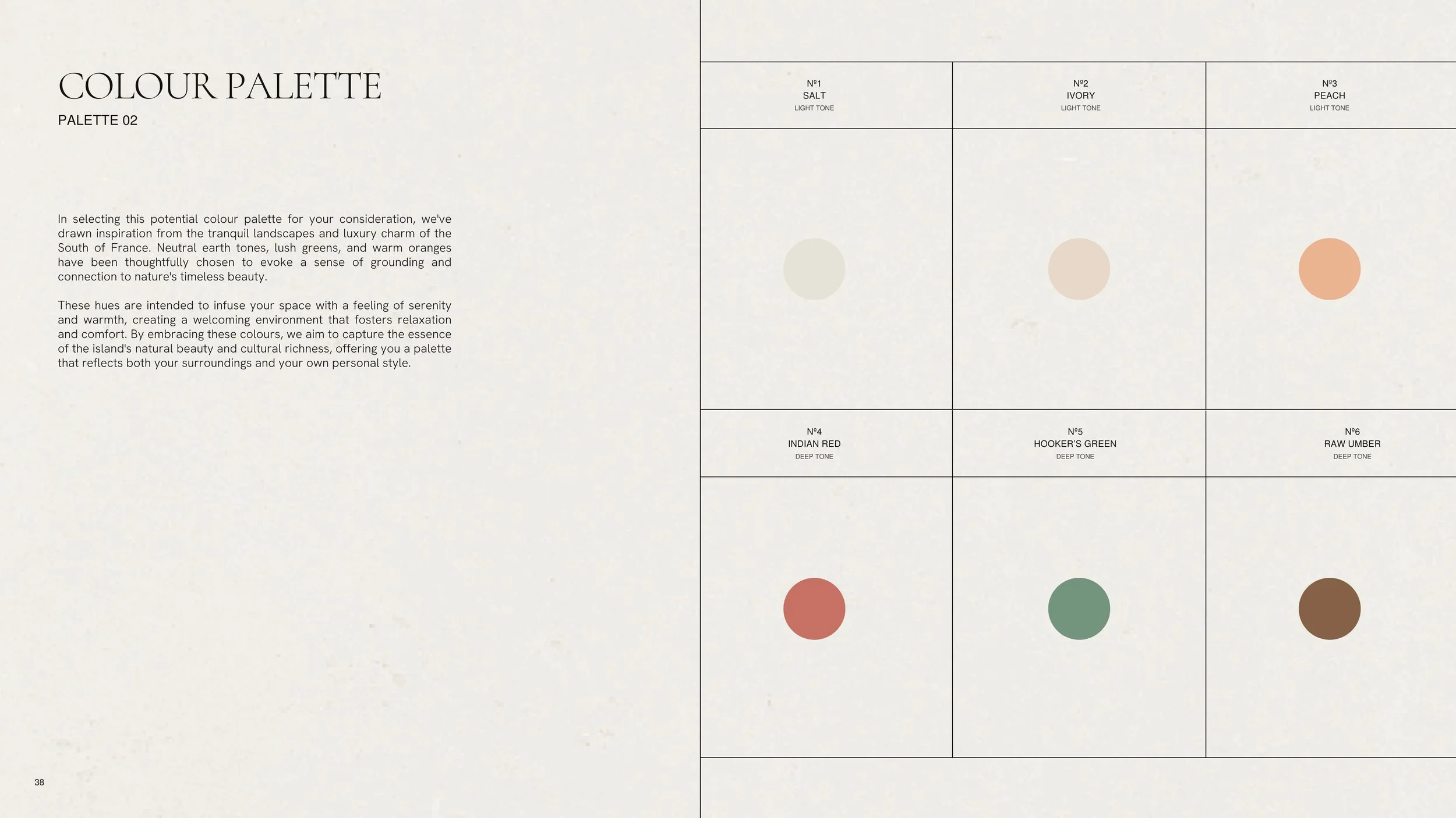 A color palette chart featuring six different shades, with descriptions and numbers for each, inspired by South of France landscapes, including light tones, deep tones, and various earthy hues.