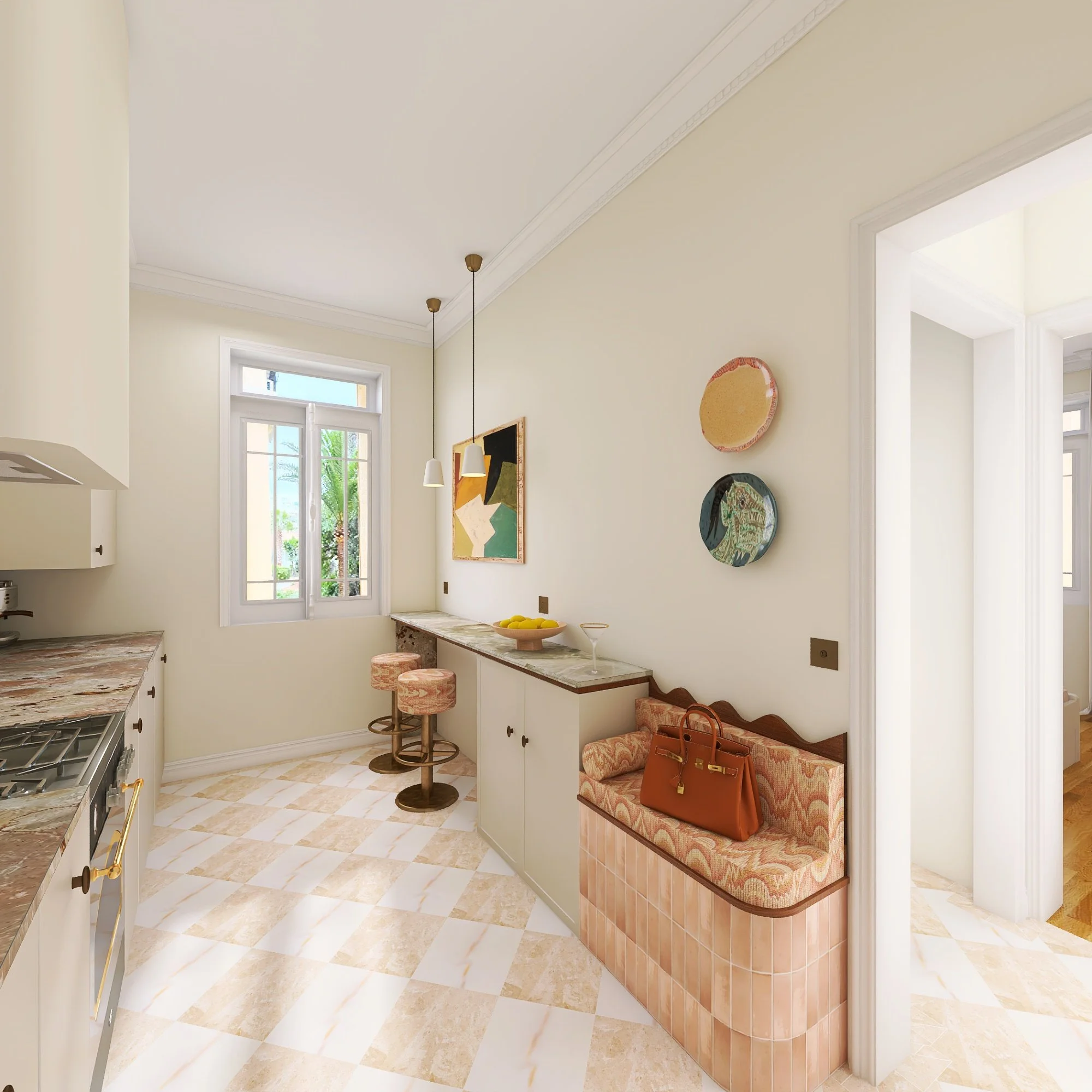 A kitchen with cream-colored walls and marble countertops. There are two windows with a view of greenery outside, and above the counter, there's a painting on the wall. The kitchen has a tiled floor with diagonal beige and white tiles. On the right side, there is a built-in bench with a patterned cushion and a large brown handbag resting on it.
