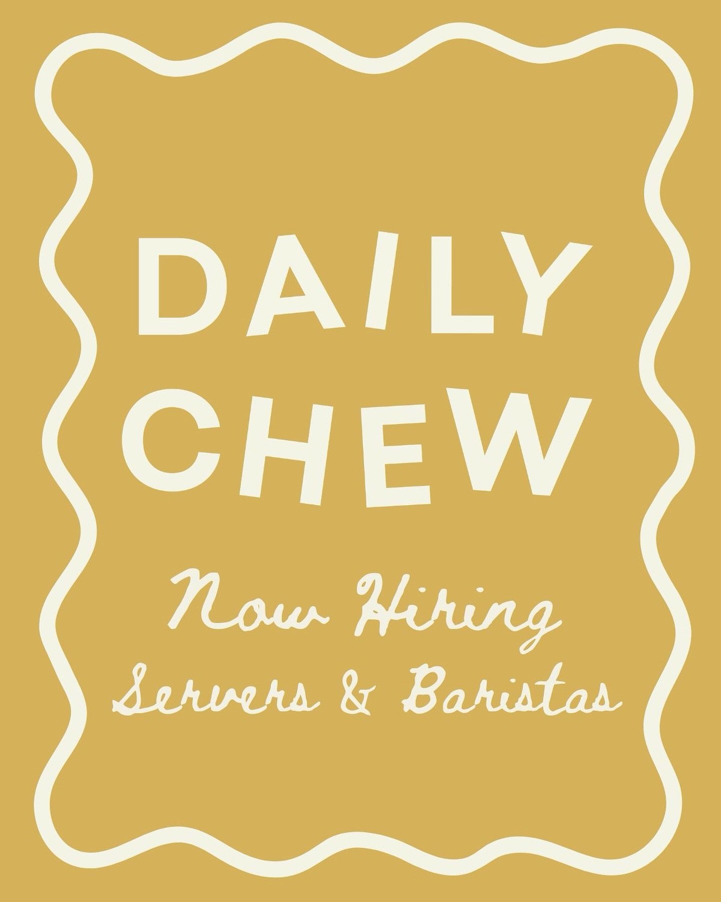 Now hiring: Servers &amp; Baristas Daily Chew ☕

We&rsquo;re looking for coffee lovers and hospitality junkies. 

Our FOH team is a huge part of the experience - from sharing our menu and creating a warm, community-driven space for every guest who wa