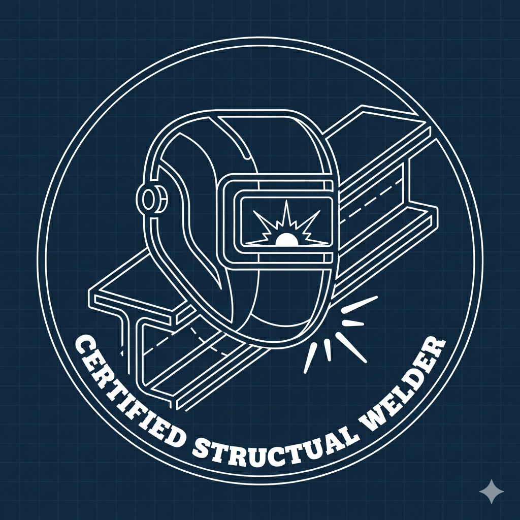 Professional certification badge for Jordan Draves at Discovery Claims Solutions, featuring a "Certified Structural Welder" emblem with a welding mask and steel I-beam illustration on a blueprint background