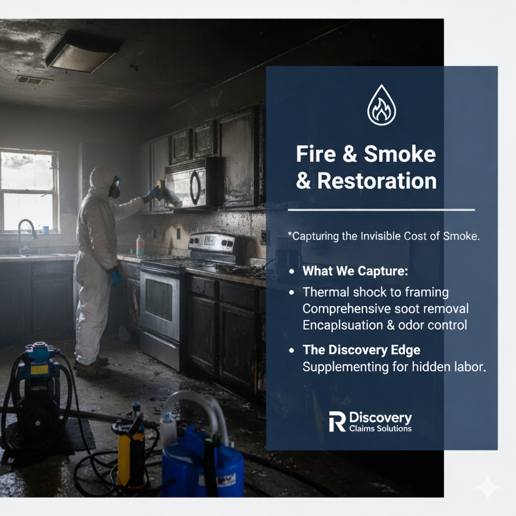 A person in protective gear cleaning kitchen cabinets after a fire, with smoke damage visible. An overlay text discusses fire and smoke restoration services offered by Discovery Claims Solutions.