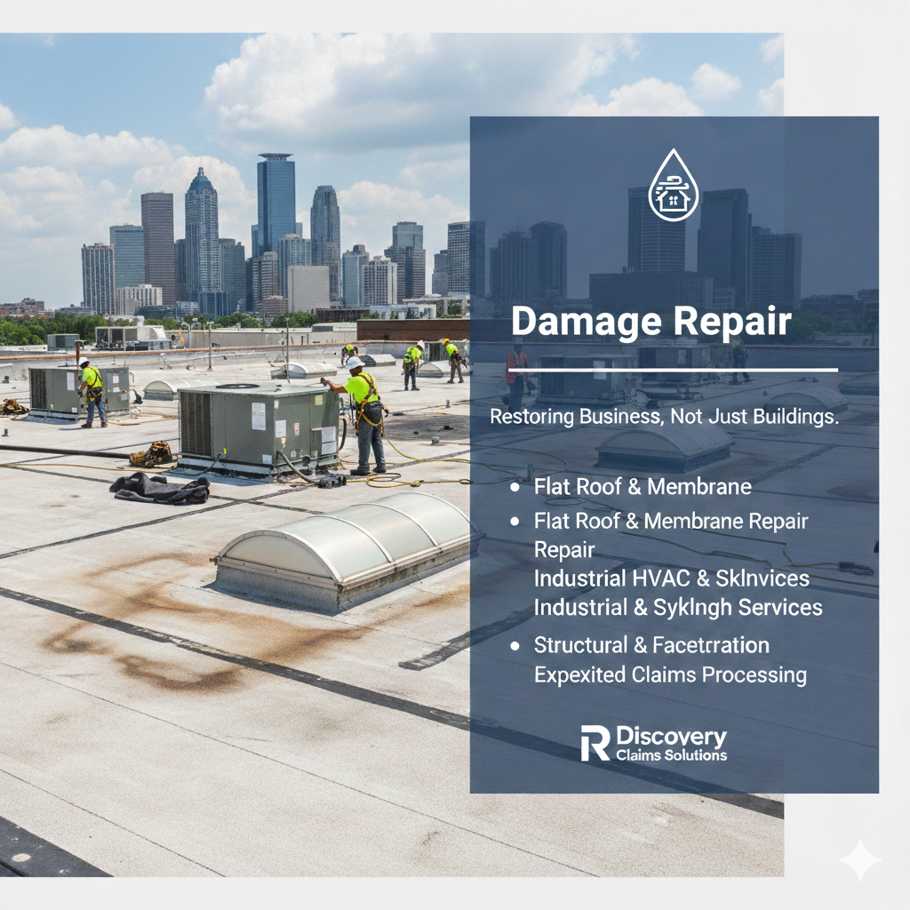 Workers on a rooftop repairing damage, with a city skyline in the background. Overlay text promotes damage repair services including flat roof & membrane, HVAC, skylights, structural claims, and expedited claims processing.