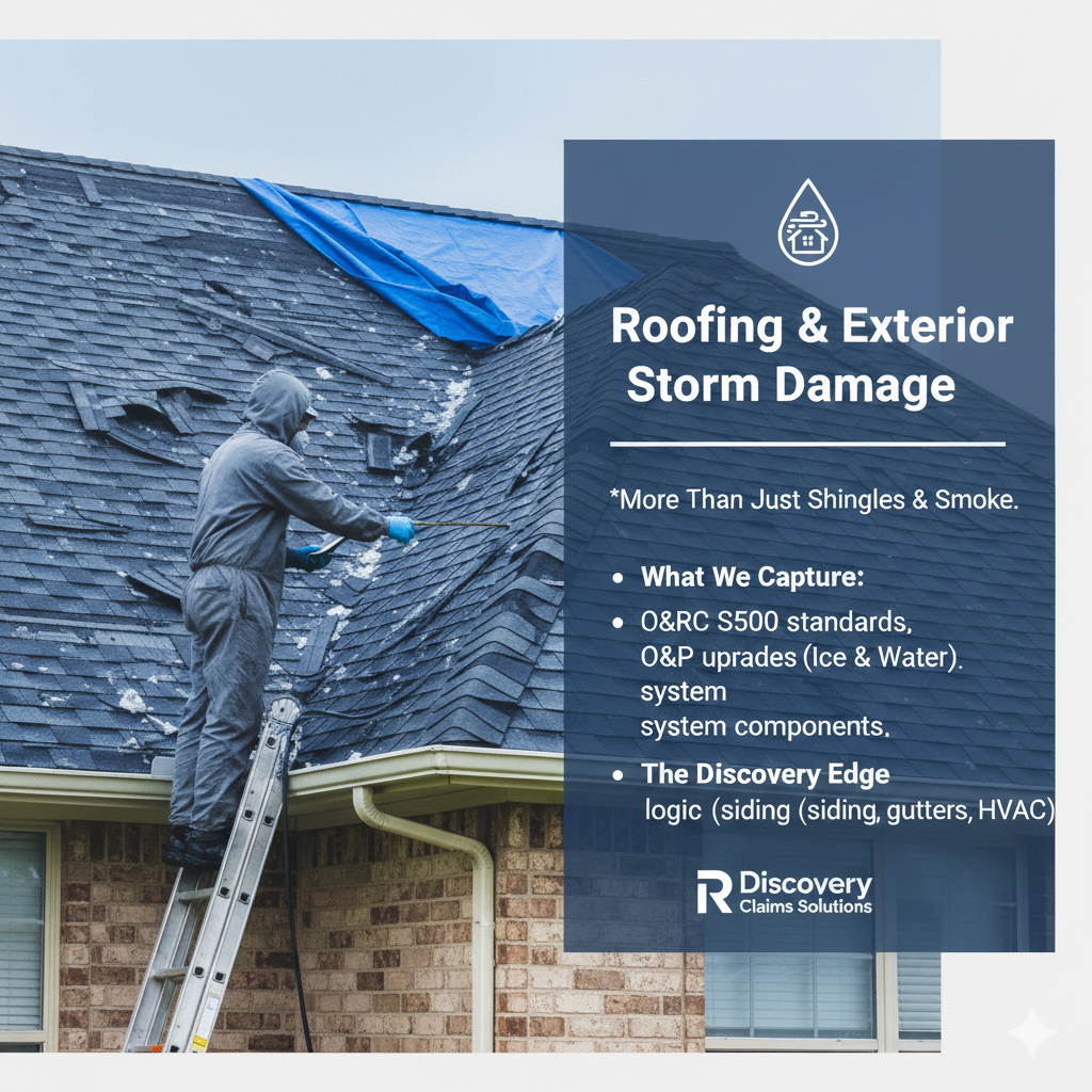 A person in protective gear inspecting and repairing a damaged asphalt shingle roof on a brick house, with a blue tarp covering part of the roof.