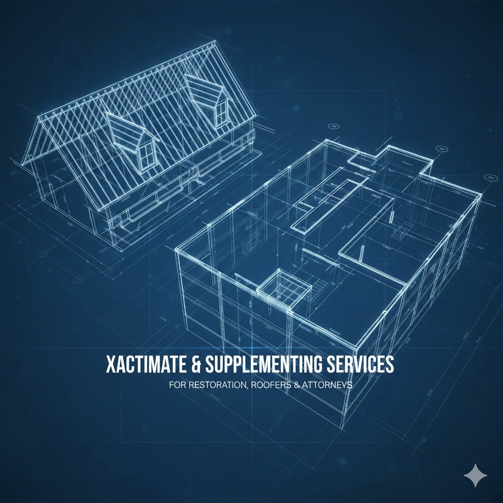 Blueprint-style drawing of a house and roof structure with text overlay that reads 'Xactimate & Supplementing Services for Restoration, Roofers & Attorneys'.