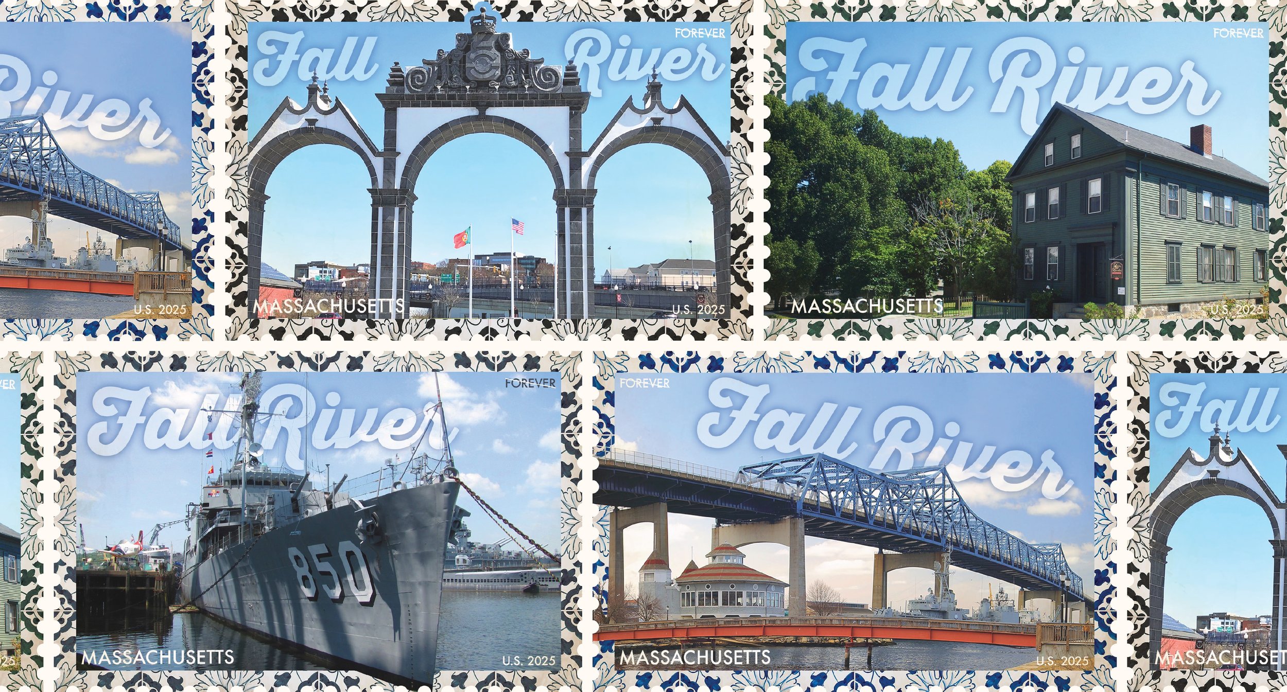 Collage of six postal stamps featuring scenes from Fall River, Massachusetts, including a bridge, historic archway, green house, military ship, whale tail bridge, and waterfront buildings.