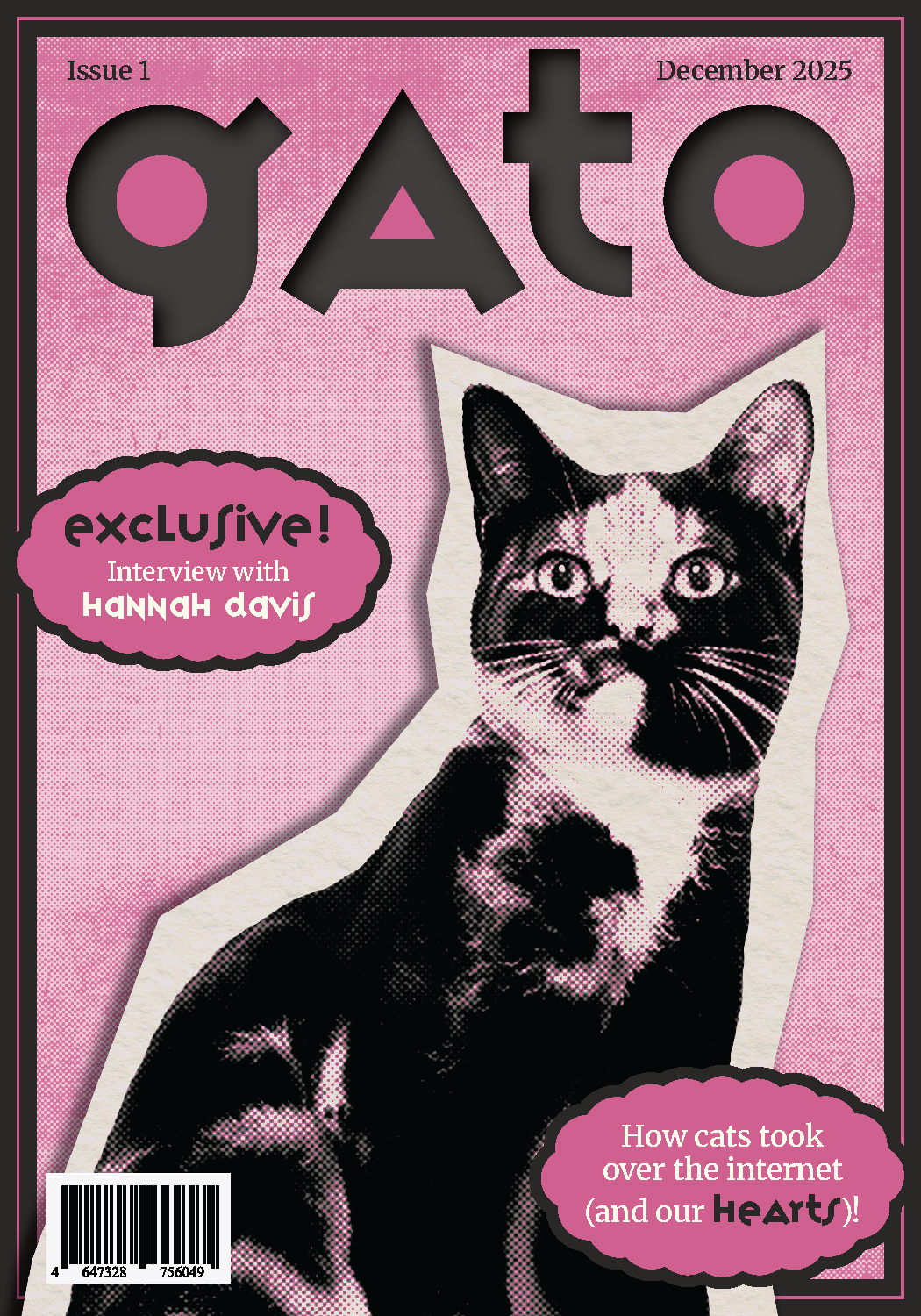Magazine Cover featuring a large image of a cat and text reading "Gato"