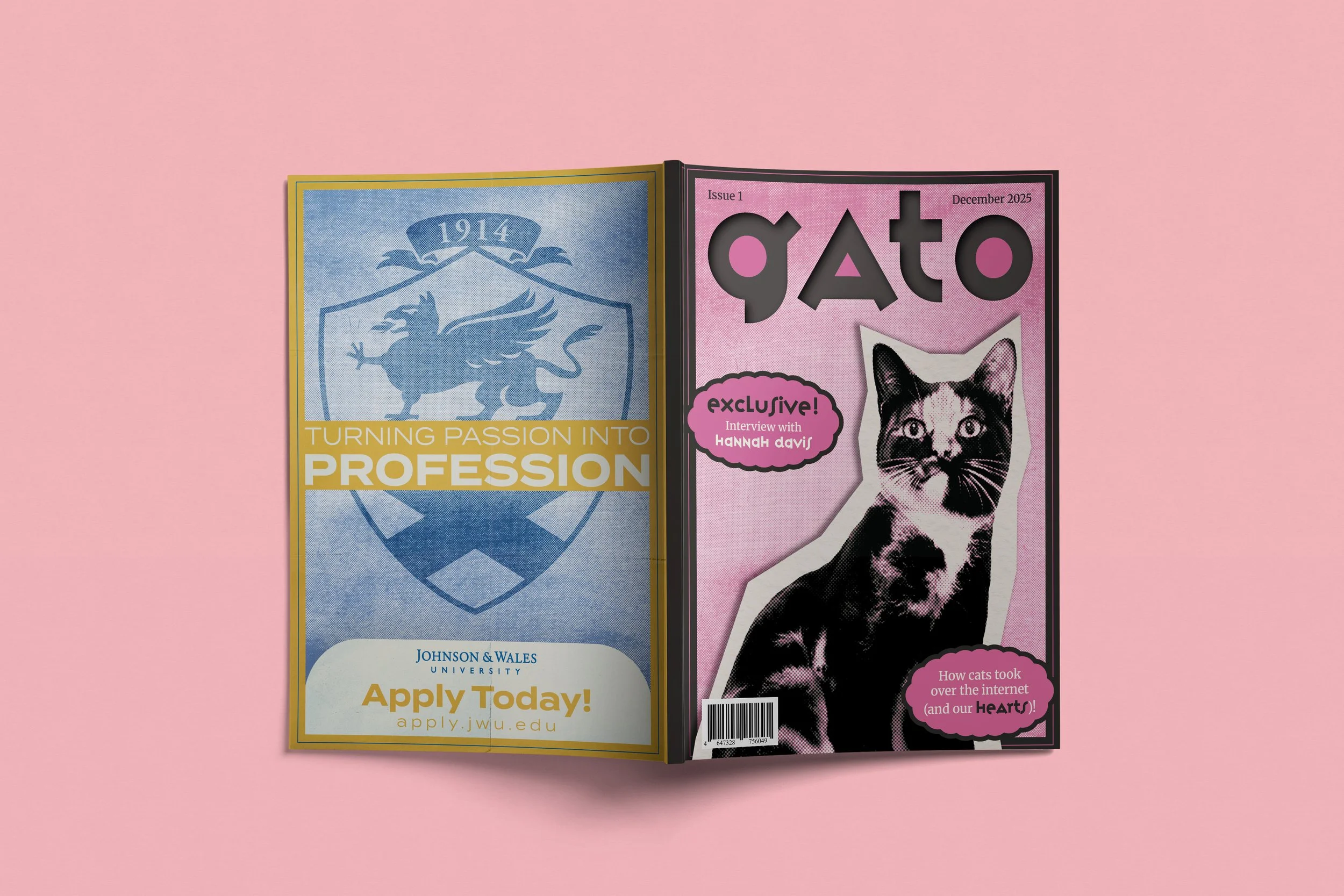 An open magazine with a pink background, featuring a college advertisement on the left page with a shield and the text 'Turning Passion Into Profession', and a magazine cover on the right page with a black and white photo of a cat, the title 'gato', and pink speech bubbles with headlines.