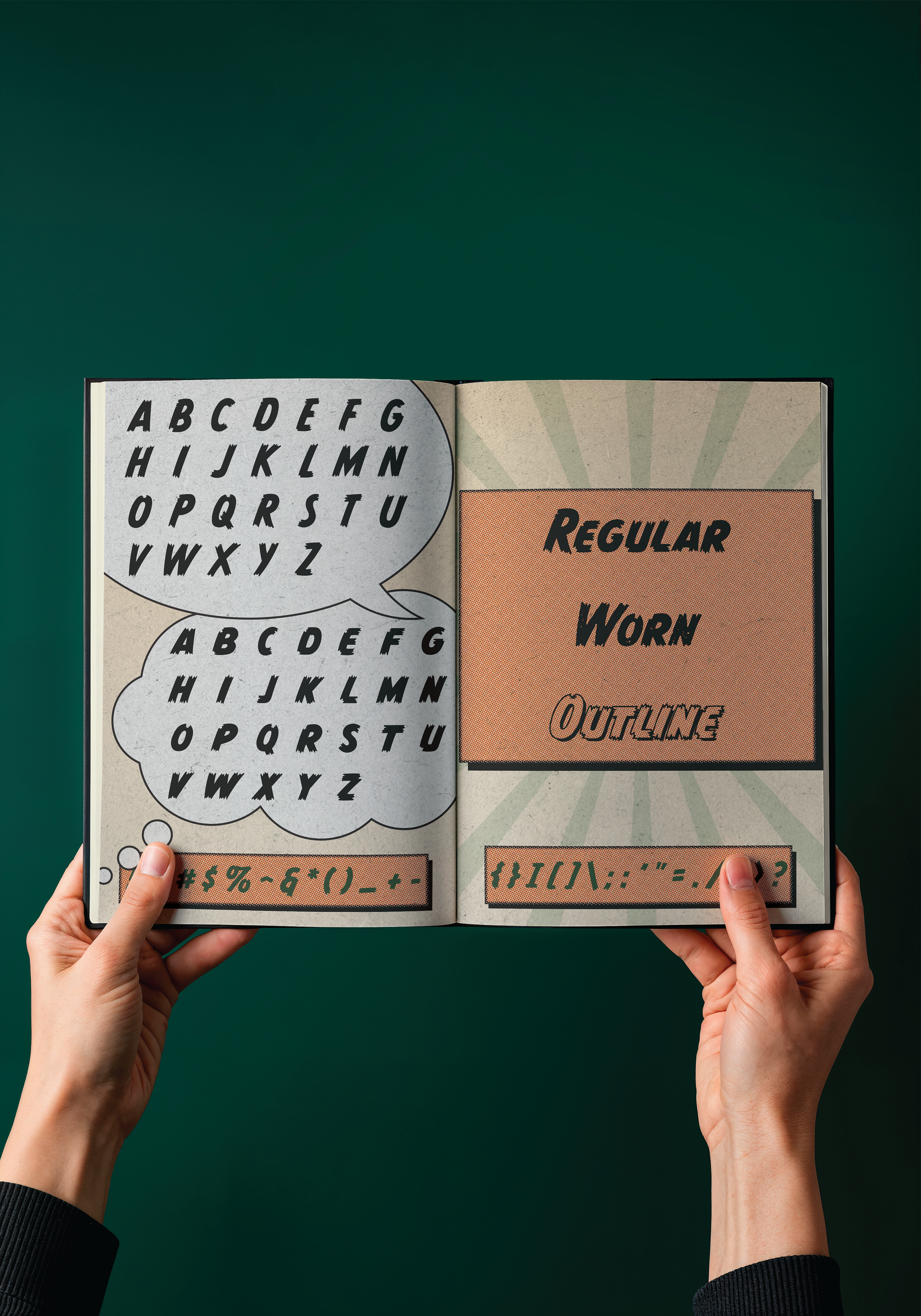 Person holding open a book with the alphabet and different stypes of the typeface "Monster Mash"