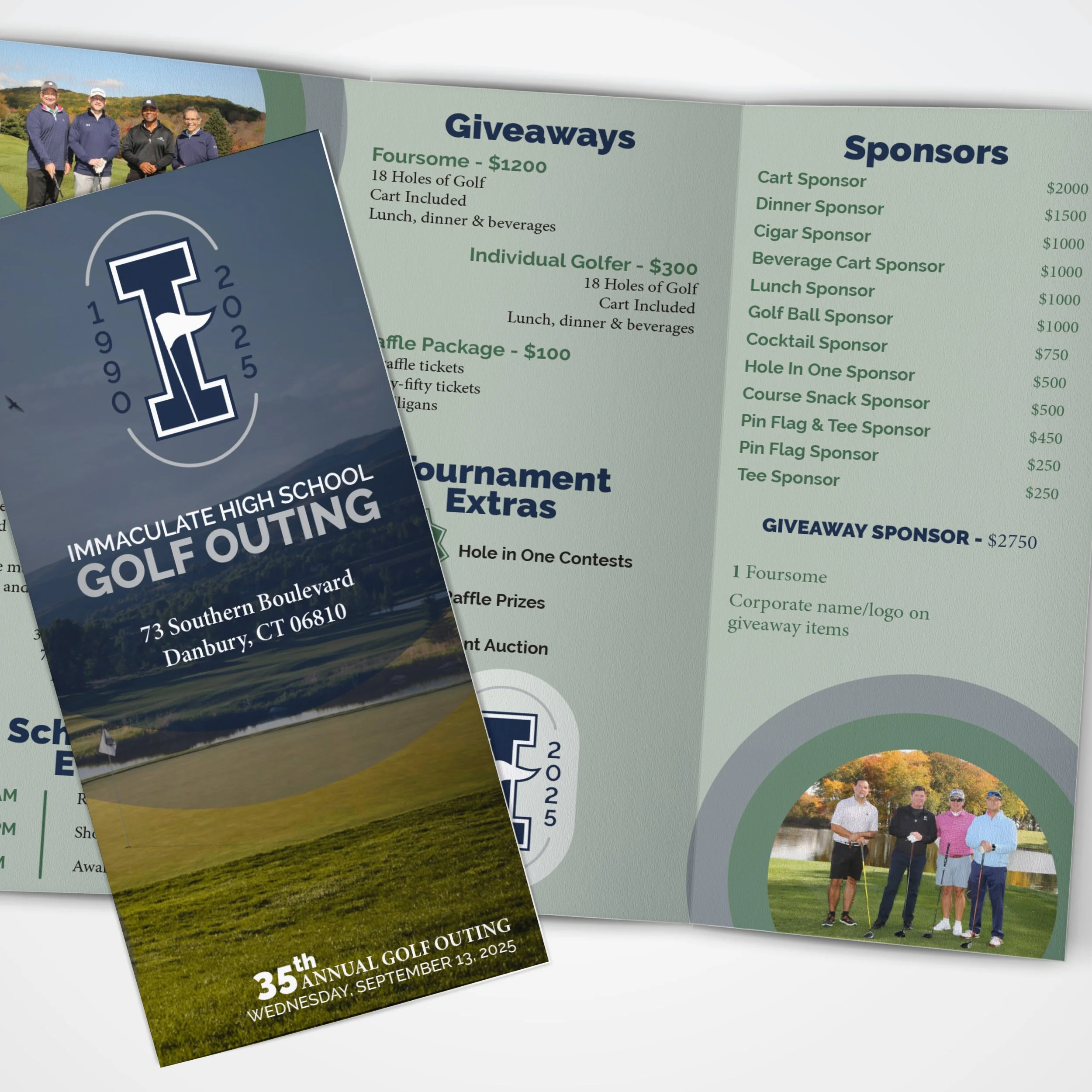 A flyer for Immaculate High School's 35th Annual Golf Outing on September 13, 2025, featuring a golf course and a logo with a flag, and a brochure with details about a golf tournament, sponsors, and raffle packages, against the backdrop of a golf course with four men holding golf clubs.