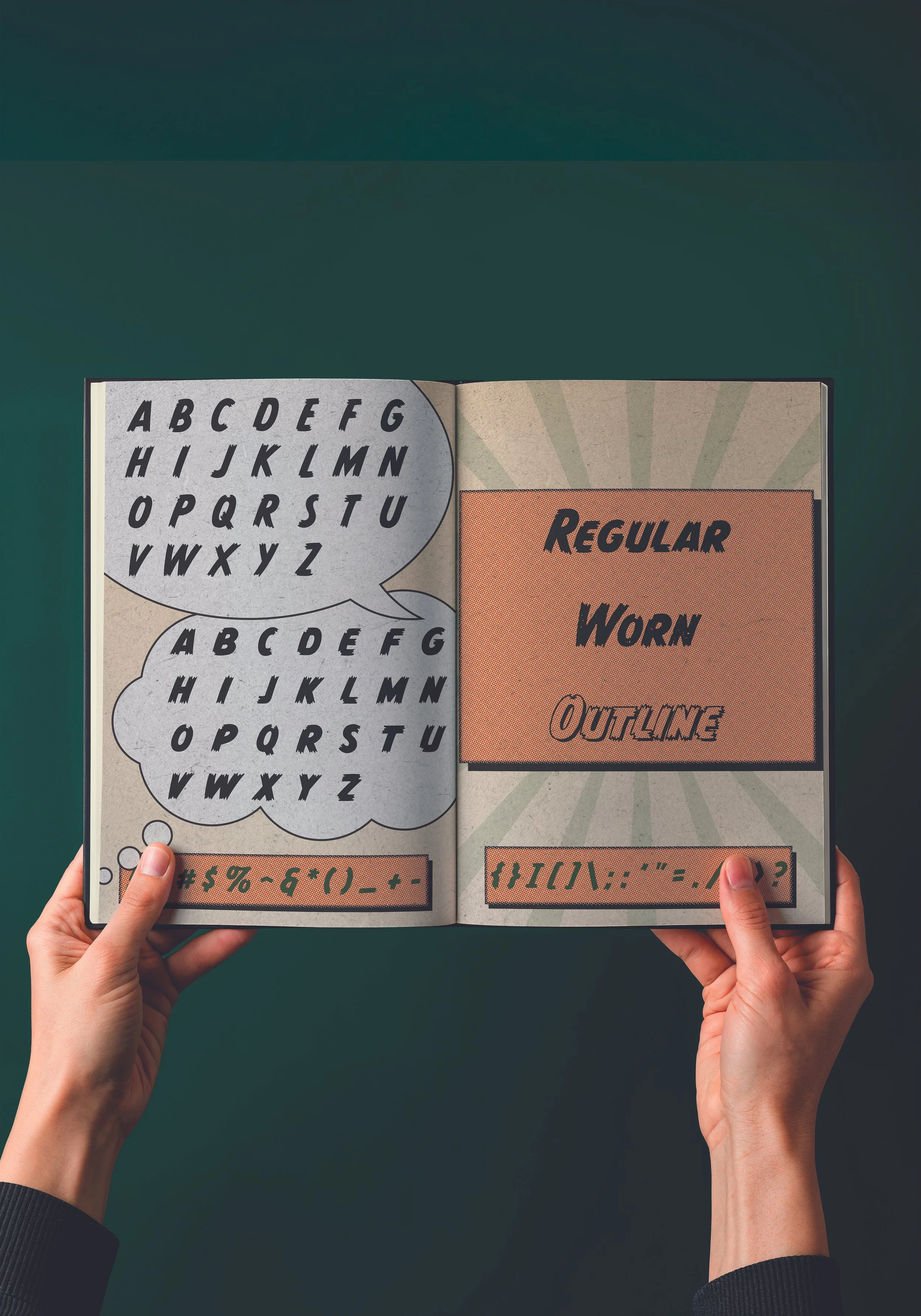 Open notebook with bold and dashed text styles, displaying the alphabet, font styles including regular, worn, outline, and various symbols, against a dark green background.
