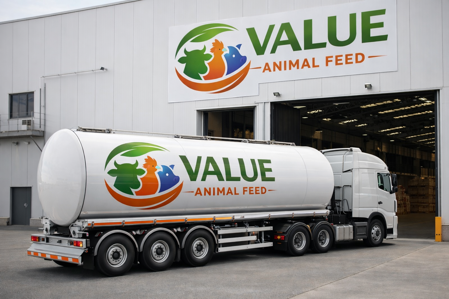 Camión de tanque en la entrada de una fábrica de alimento para animales, con cartel grande que dice 'VALUE ANIMAL FEED' y logotipo colorido con figuras de animales.