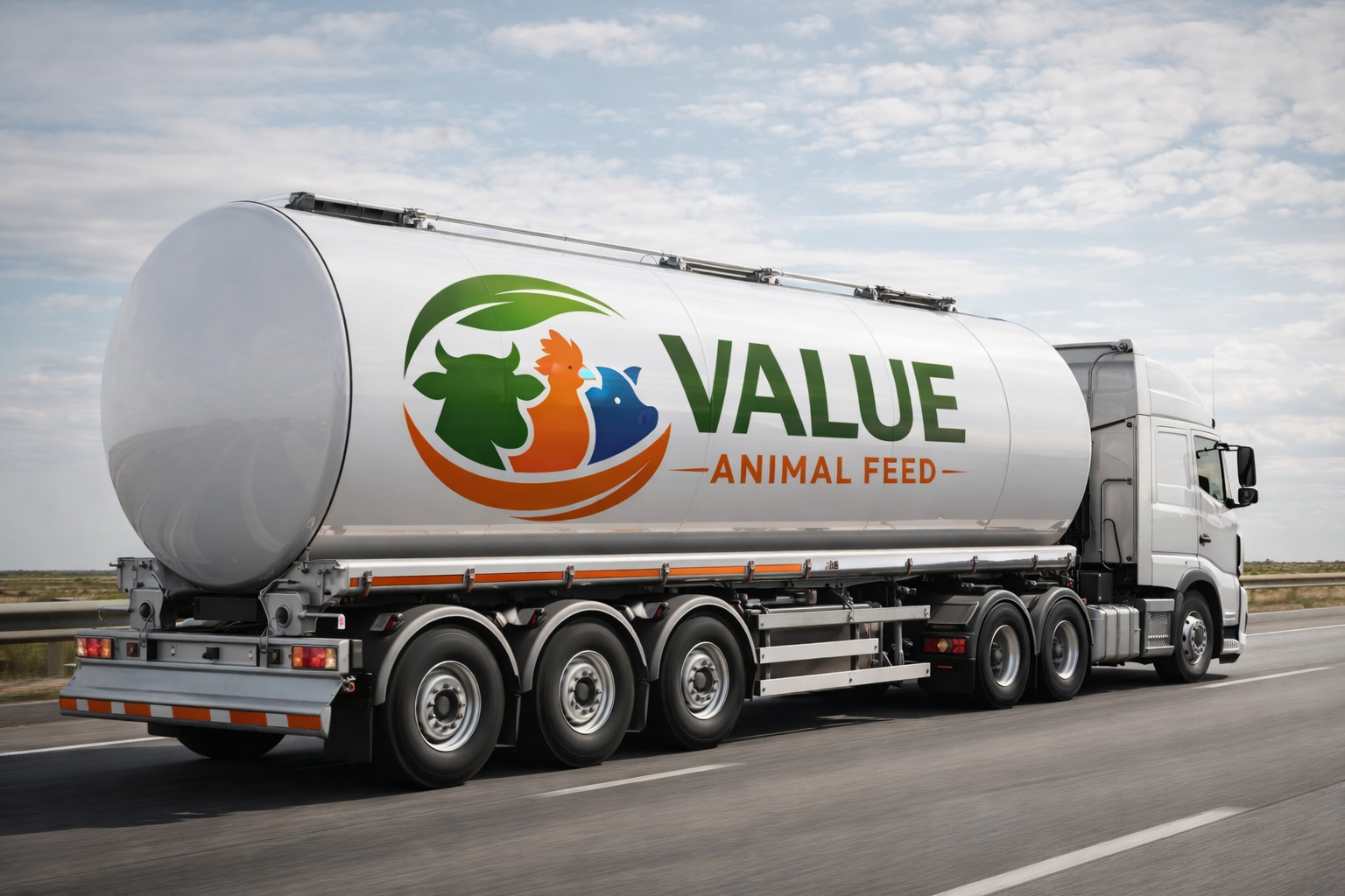 Camión de transporte de alimento para animales con logotipo y texto que dice 'Value Animal Feed' en la carretera bajo cielo nublado.