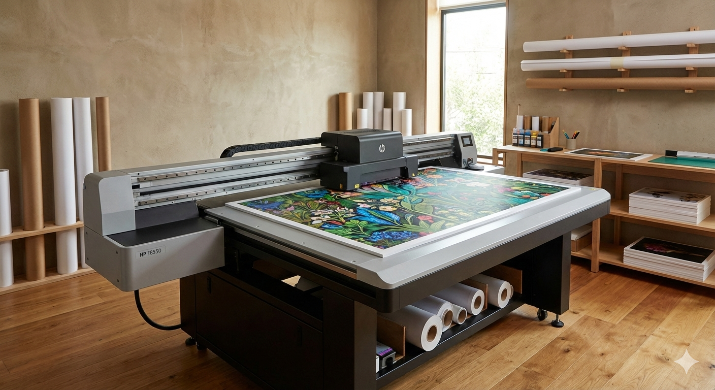 Impresora de gran formato en un taller con estanterías llenas de rollos de papel y materiales de impresión, en una habitación con paredes de color beige y piso de madera.
