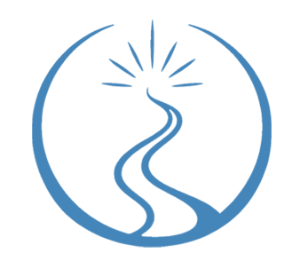 A logo featuring a winding river, a rising or setting sun with rays, all enclosed in a circle, in blue lines.