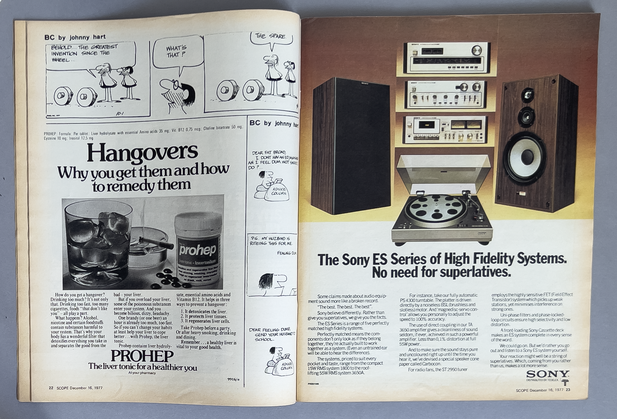 Two-page magazine spread from 1977 featuring an advertisement for Sony ES High Fidelity Systems with an image of audio equipment, including a speaker, turntable, and tuner, as well as a Pharmaco Prohep hangover remedy advertisement with images of pil