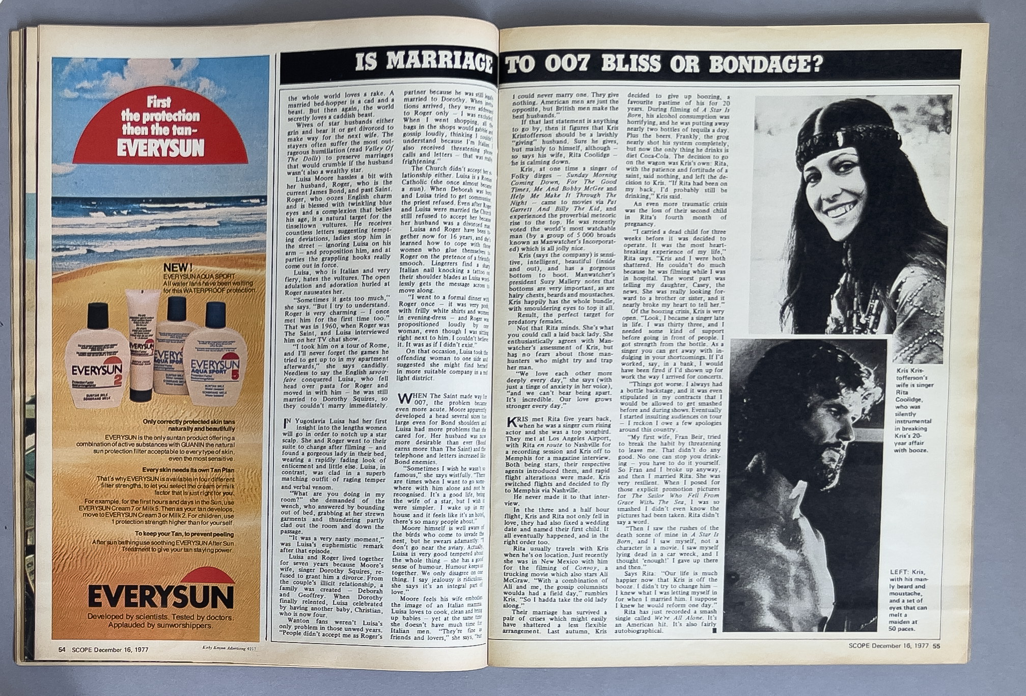 Two-page magazine spread: left page features an advertisement for EVERSUN waterproof sunscreen, with images of three bottles and a beach scene, and a headline saying "First the protection then the tan." right page contains an article about marriage a