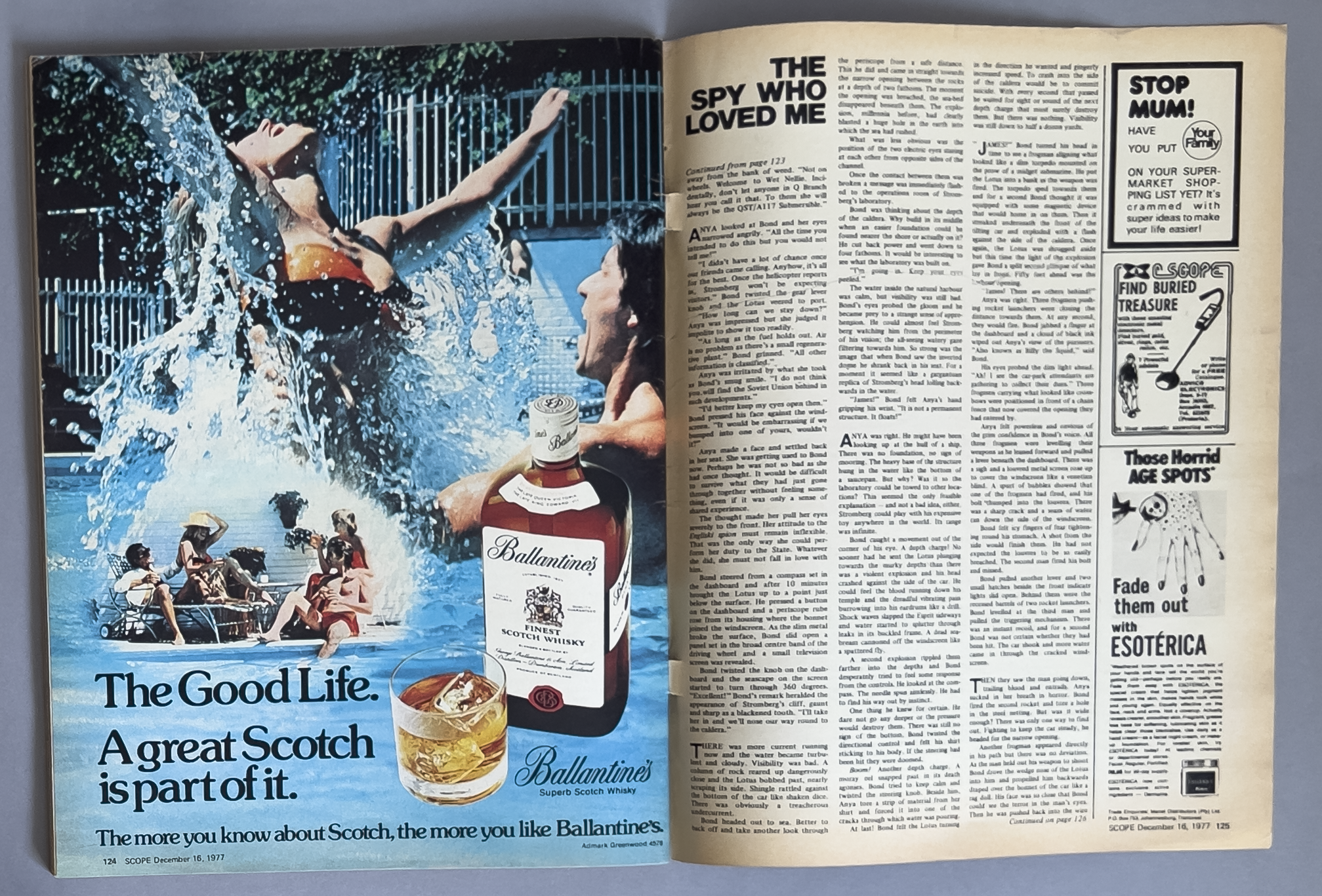 An advertisement for Ballantine's Scotch whisky showing people enjoying a water park, with a large splash of water and a woman swimming, children in a boat, and a bottle of whisky along with a glass of whisky with ice.