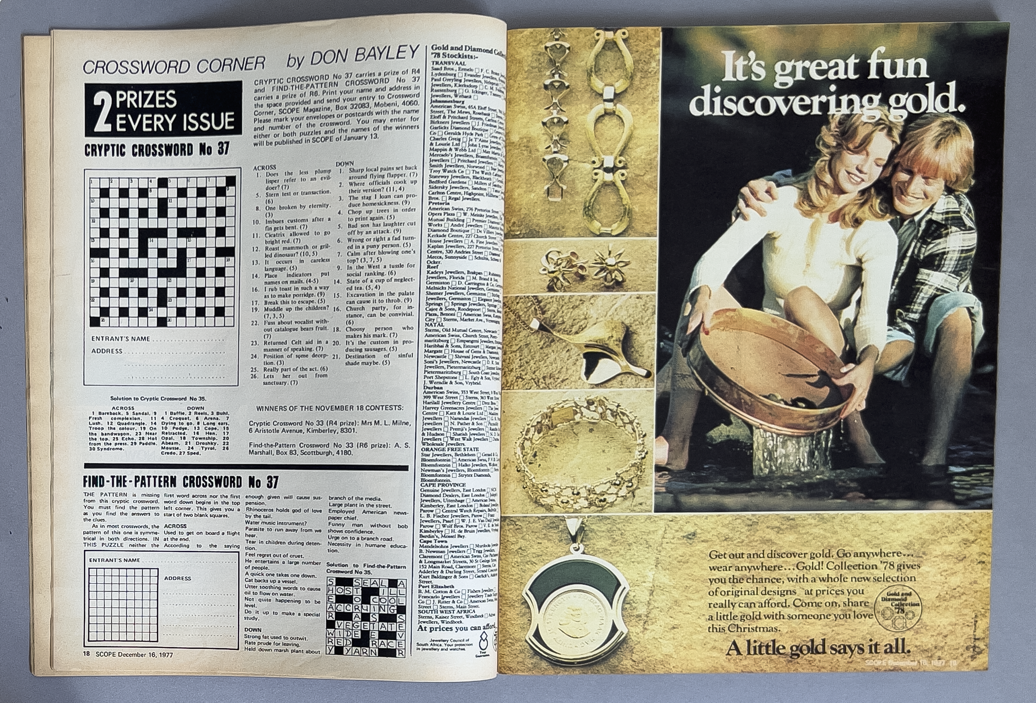 A magazine spread featuring a crossword puzzle on the left page and an advertisement on the right page. The crossword puzzle is titled 'Cryptic Crossword No 37' with clues and a grid. The ad on the right shows two women smiling, one holding a large c