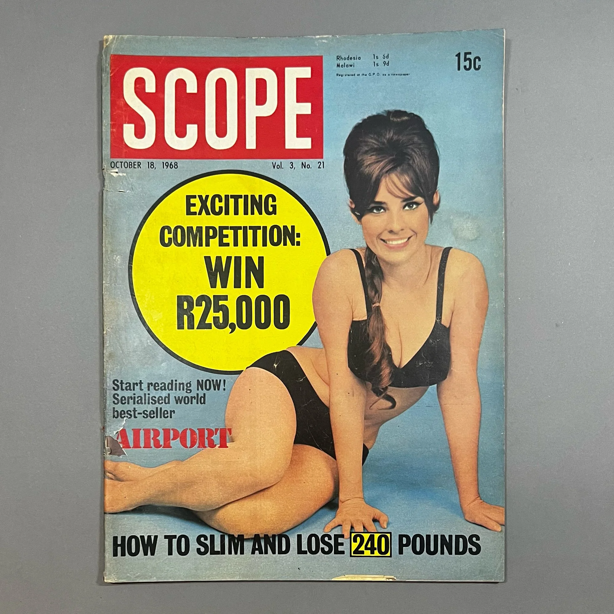 A vintage magazine cover from October 18, 1968, titled 'SCOPE'. It features a smiling woman in black lingerie sitting on the floor against a blue background. The cover highlights a competition to win R25,000 and includes headlines about slimming and 
