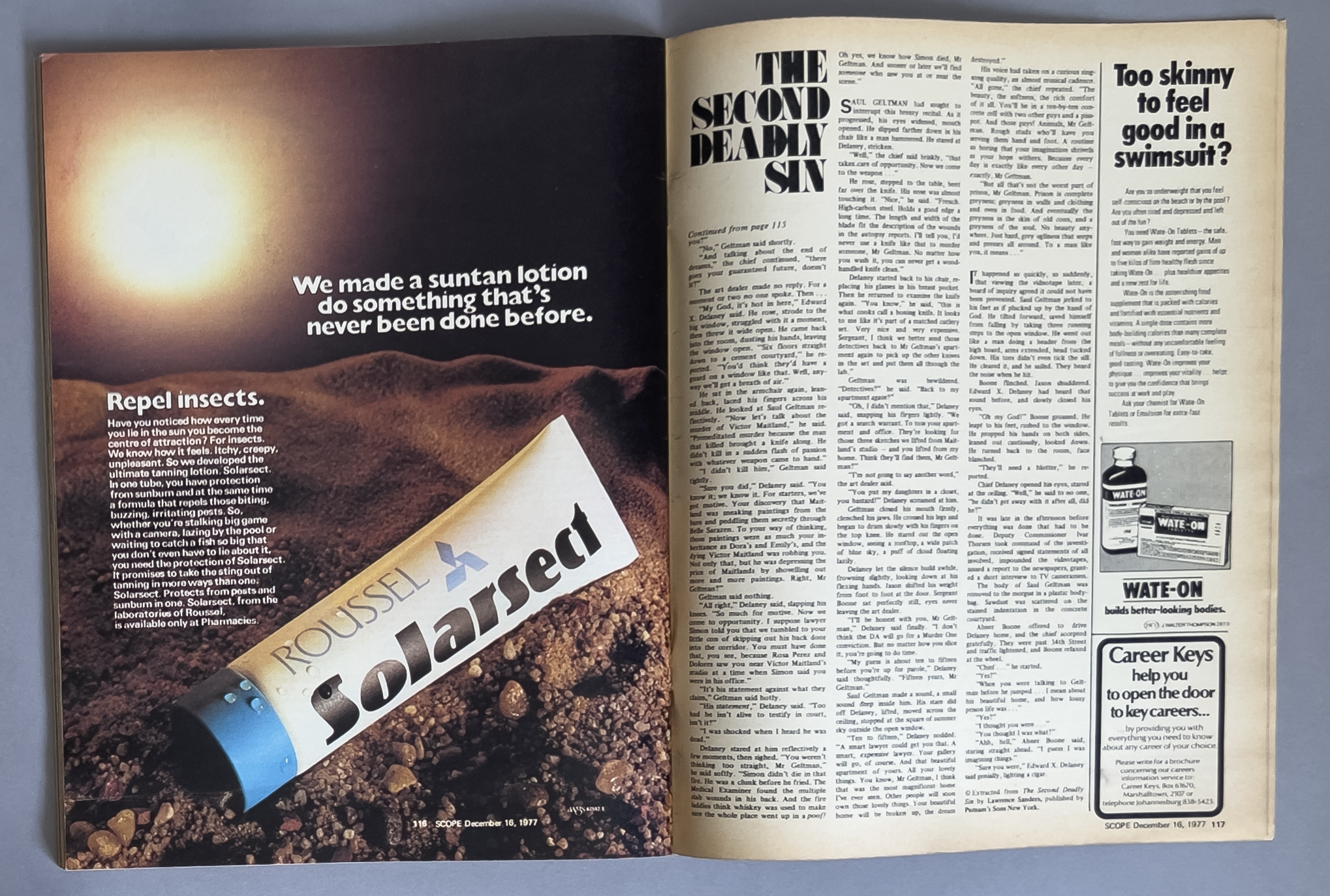 A two-page magazine article from December 16, 1977, with headlines, text, and advertisements. The left page features a sunset background with a sunscreen tube labeled 'Solarsect' and the text 'We made a suntan lotion do something that's never been do