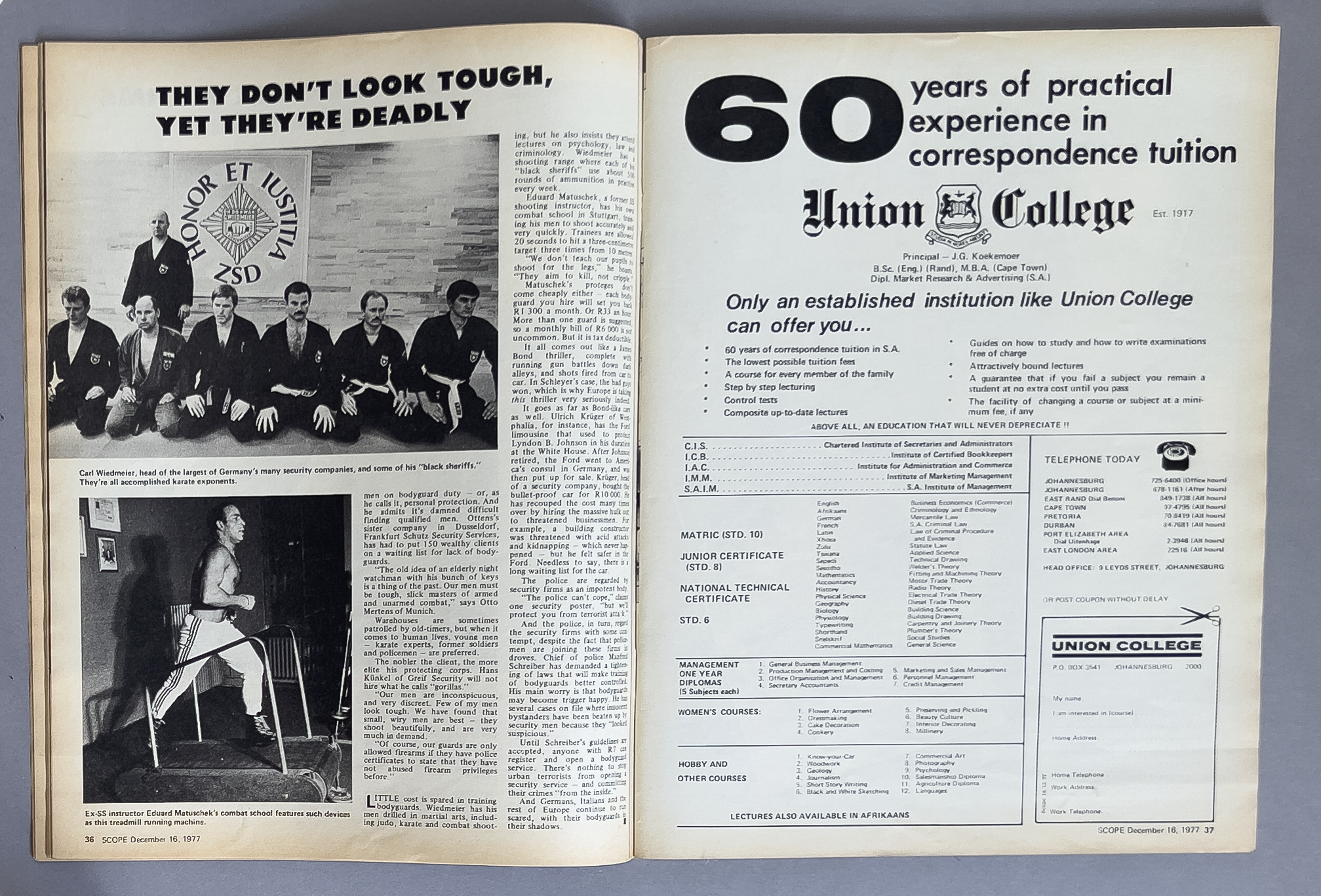A magazine spread featuring a black-and-white photograph of seven men in martial arts uniforms kneeling on the floor, and a smaller photo of a woman running on a treadmill. The headline reads: 'They don't look tough, yet they're deadly.' The right pa