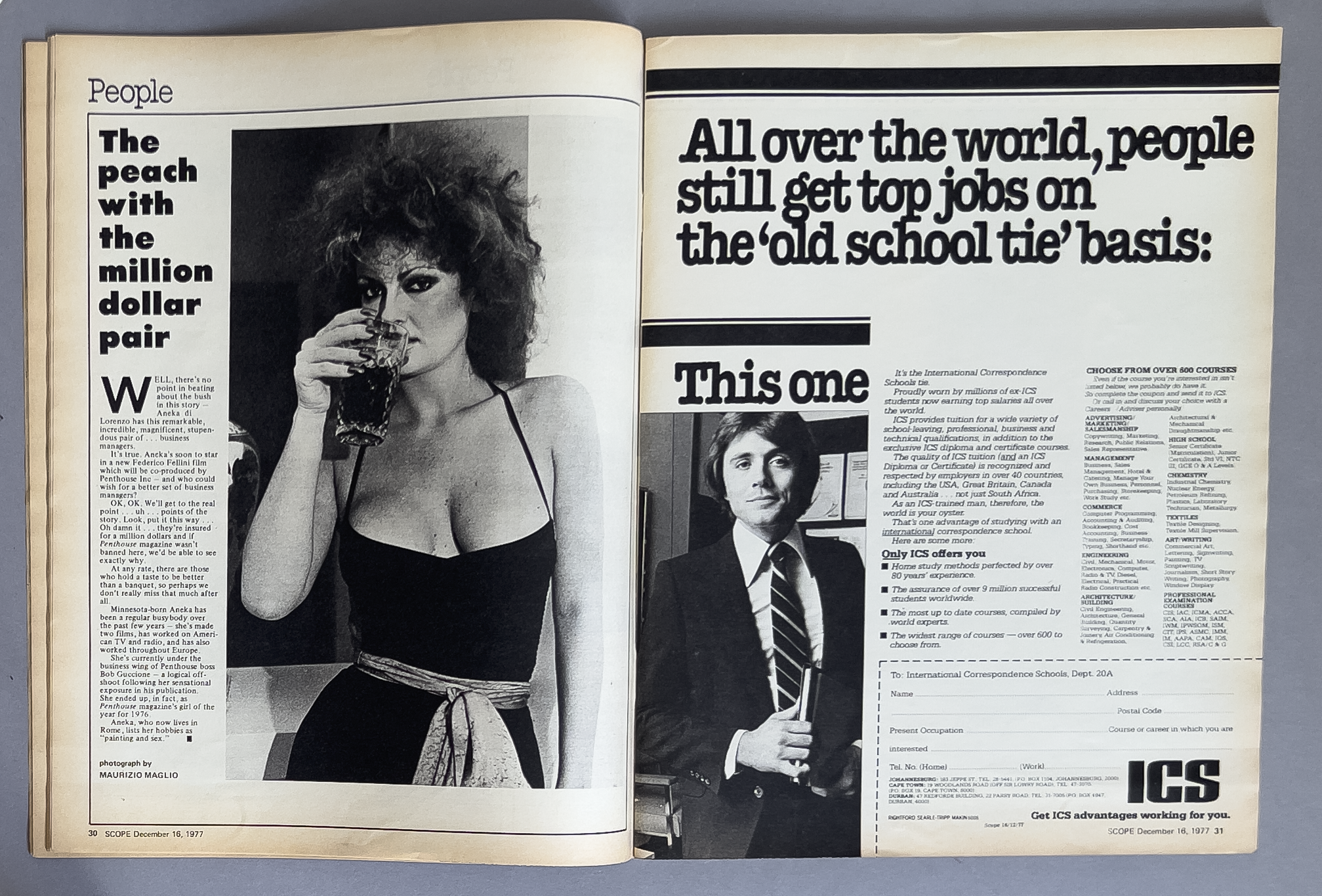 An open magazine showing a black-and-white photograph of a woman with curly hair holding a glass, and a black-and-white photograph of a man in a suit holding a pen, alongside advertising text for ICS international correspondence schools.