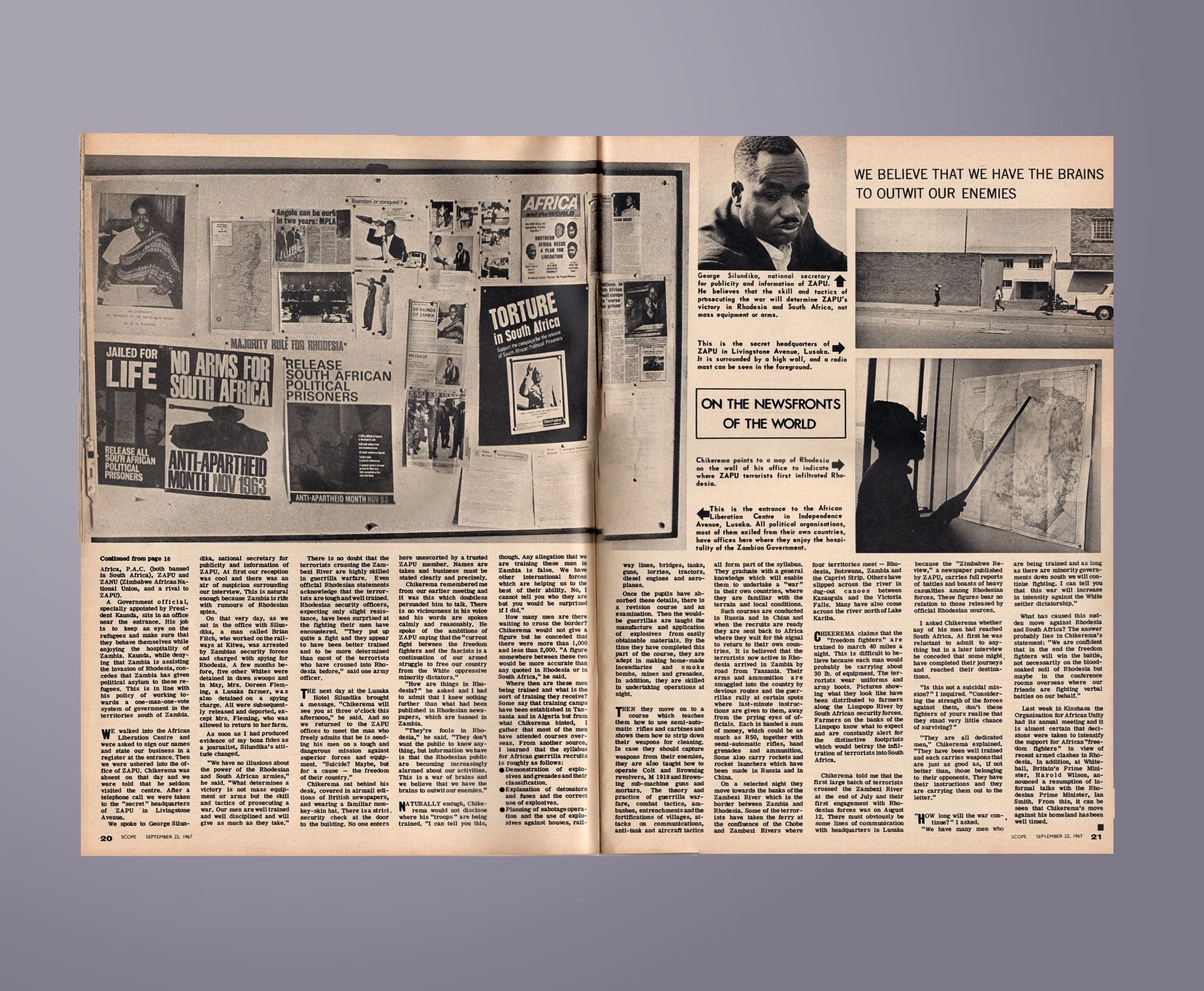 A two-page newspaper spread with articles, photographs, and headlines about South Africa, African politics, and Zulu independence movements. Contains images of protests, a man speaking at a map, and a person pointing at a map on a wall.