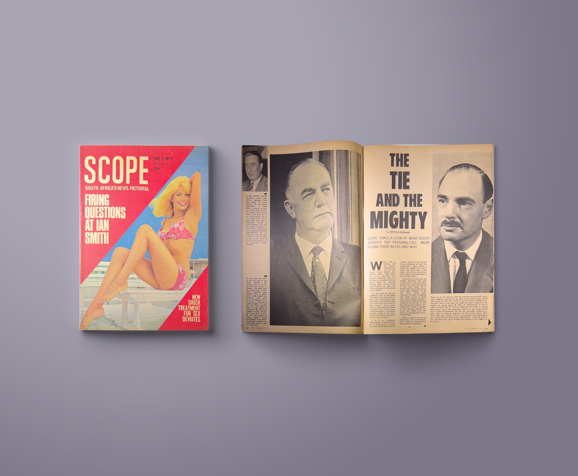 A magazine titled 'SCOPE' with a colorful cover featuring a woman in a bikini on the left, and an open newspaper showing black-and-white photographs and articles on the right.