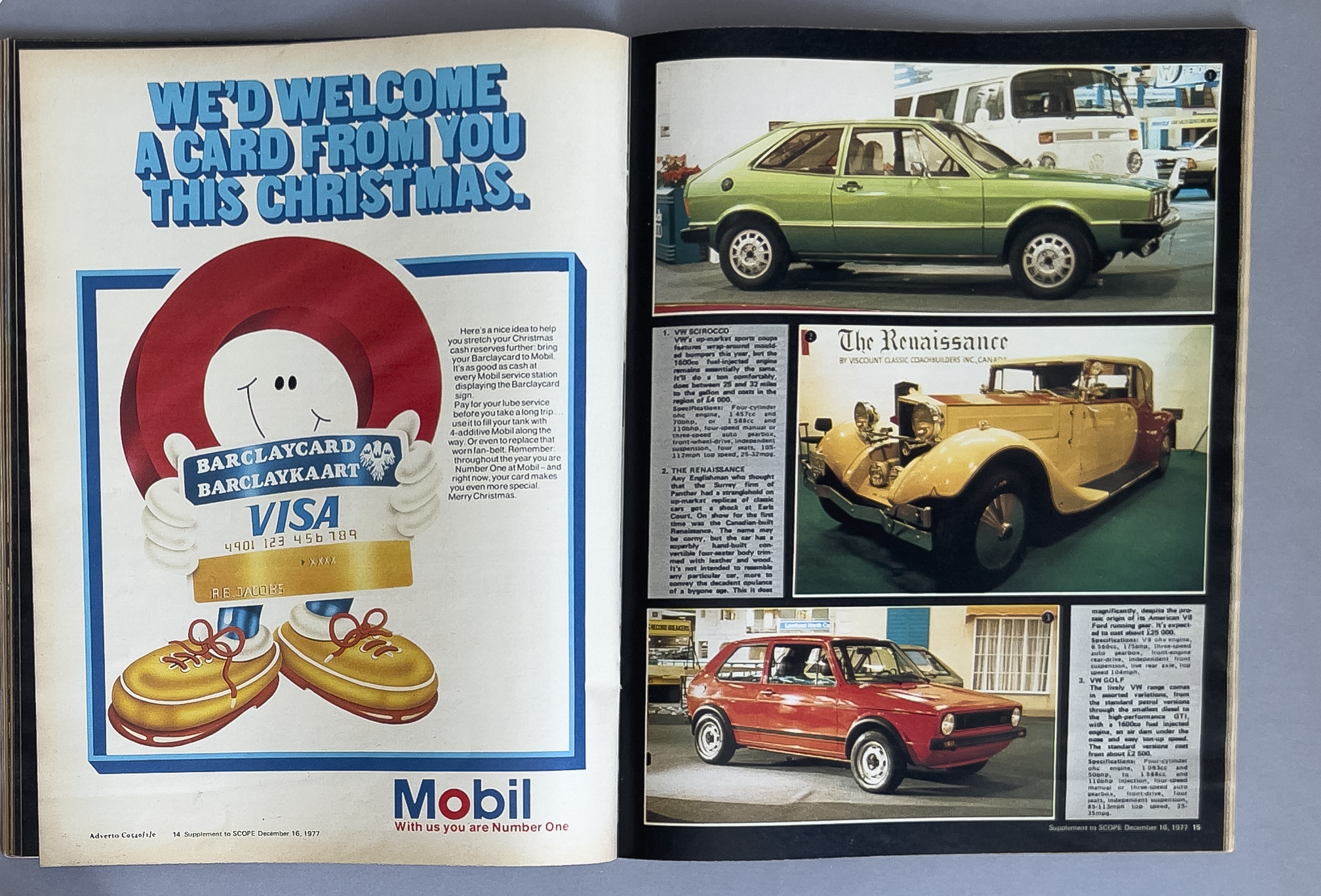 A magazine spread with a Christmas greeting message on the left and images of vintage cars on the right. The left side features a cartoon character with a VIP card, a greeting message, and Mobil logo. The right side shows photos of a green hatchback,